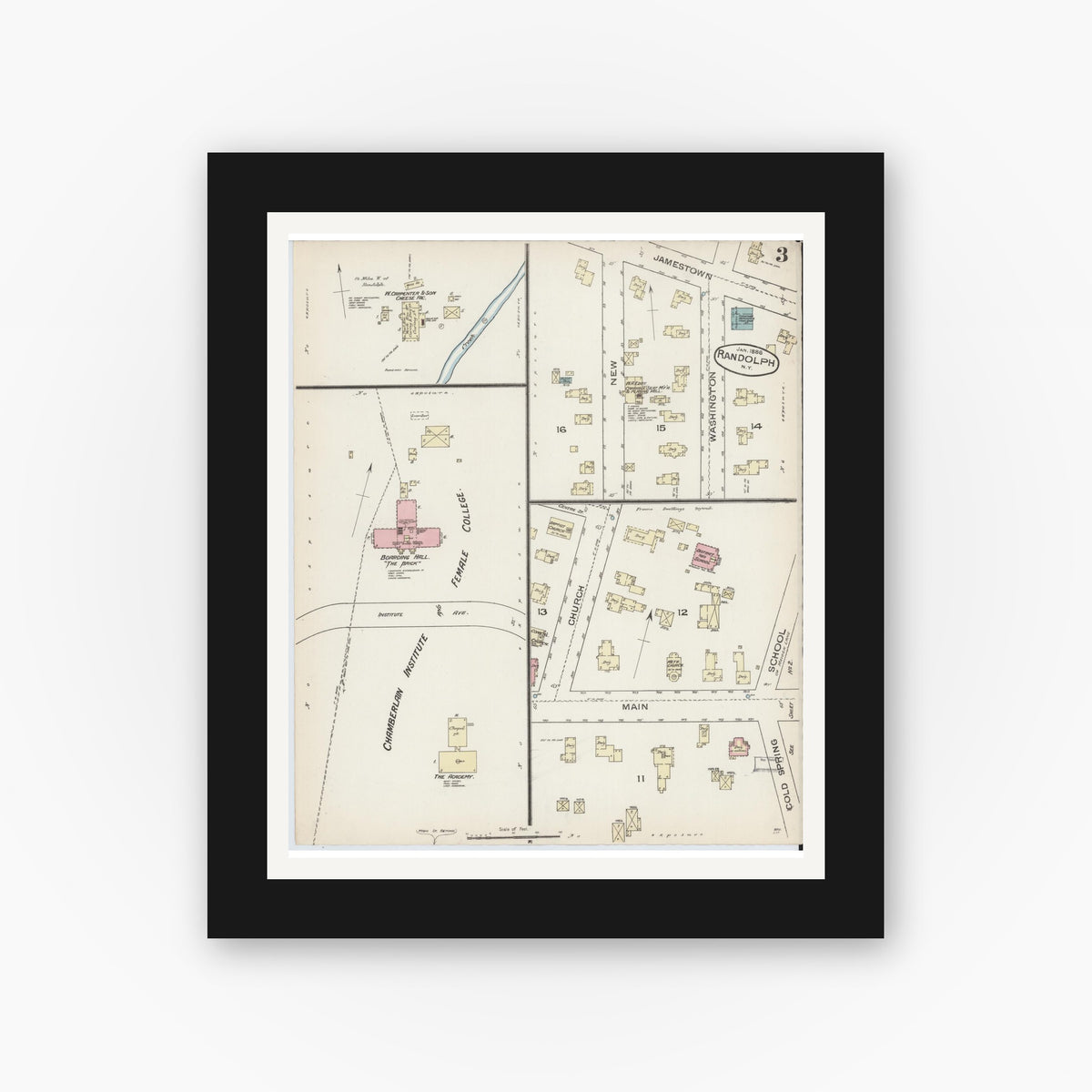 Old map wall art mockup — black gallery frame with white mat — Sanborn Fire Insurance Map from Randolph, Cattaraugus County, New York (1885), Sheet #0003