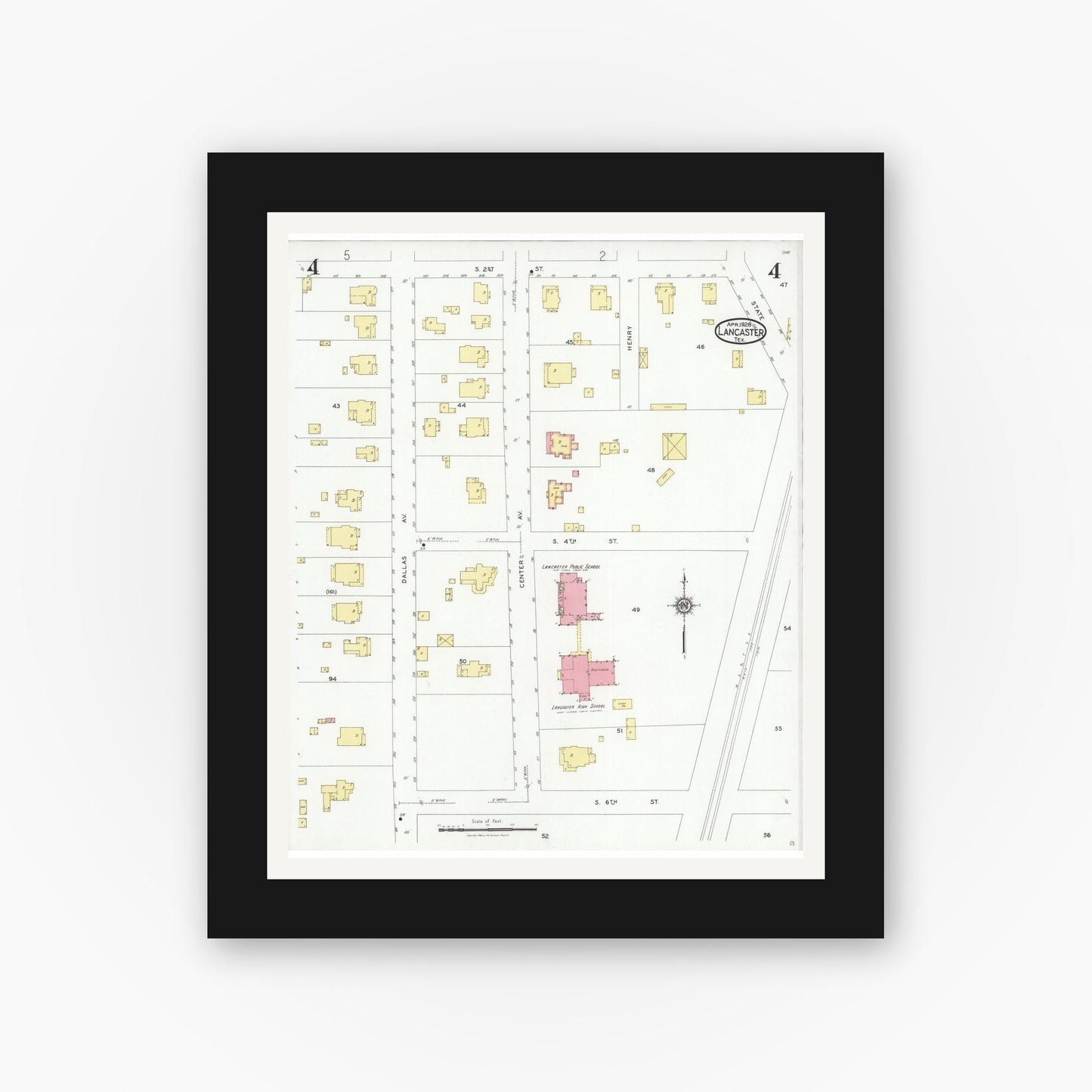 Old map wall art mockup — black gallery frame with white mat — Sanborn Fire Insurance Map from Lancaster, Dallas County, Texas (1928), Sheet #0004