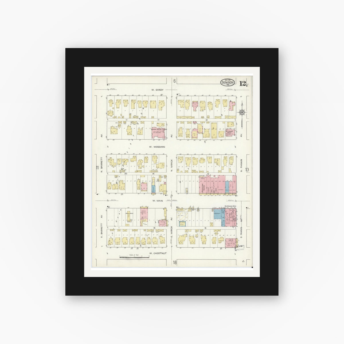 Old map wall art mockup — black gallery frame with white mat — Sanborn Fire Insurance Map from Denison, Grayson County, Texas (1914), Sheet #0012