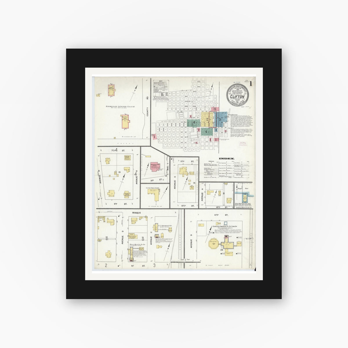 Old map wall art mockup — black gallery frame with white mat — Sanborn Fire Insurance Map from Clifton, Bosque County, Texas (1911) - Complete Map Set