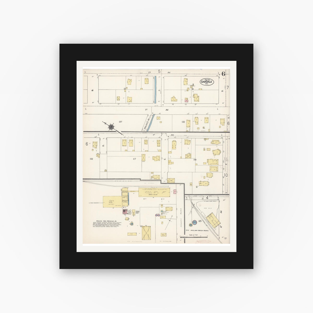 Old map wall art mockup — black gallery frame with white mat — Sanborn Fire Insurance Map from Oakdale, Stanislaus County, California (1912), Sheet #0006