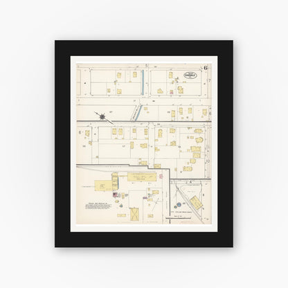 Old map wall art mockup — black gallery frame with white mat — Sanborn Fire Insurance Map from Oakdale, Stanislaus County, California (1912), Sheet #0006