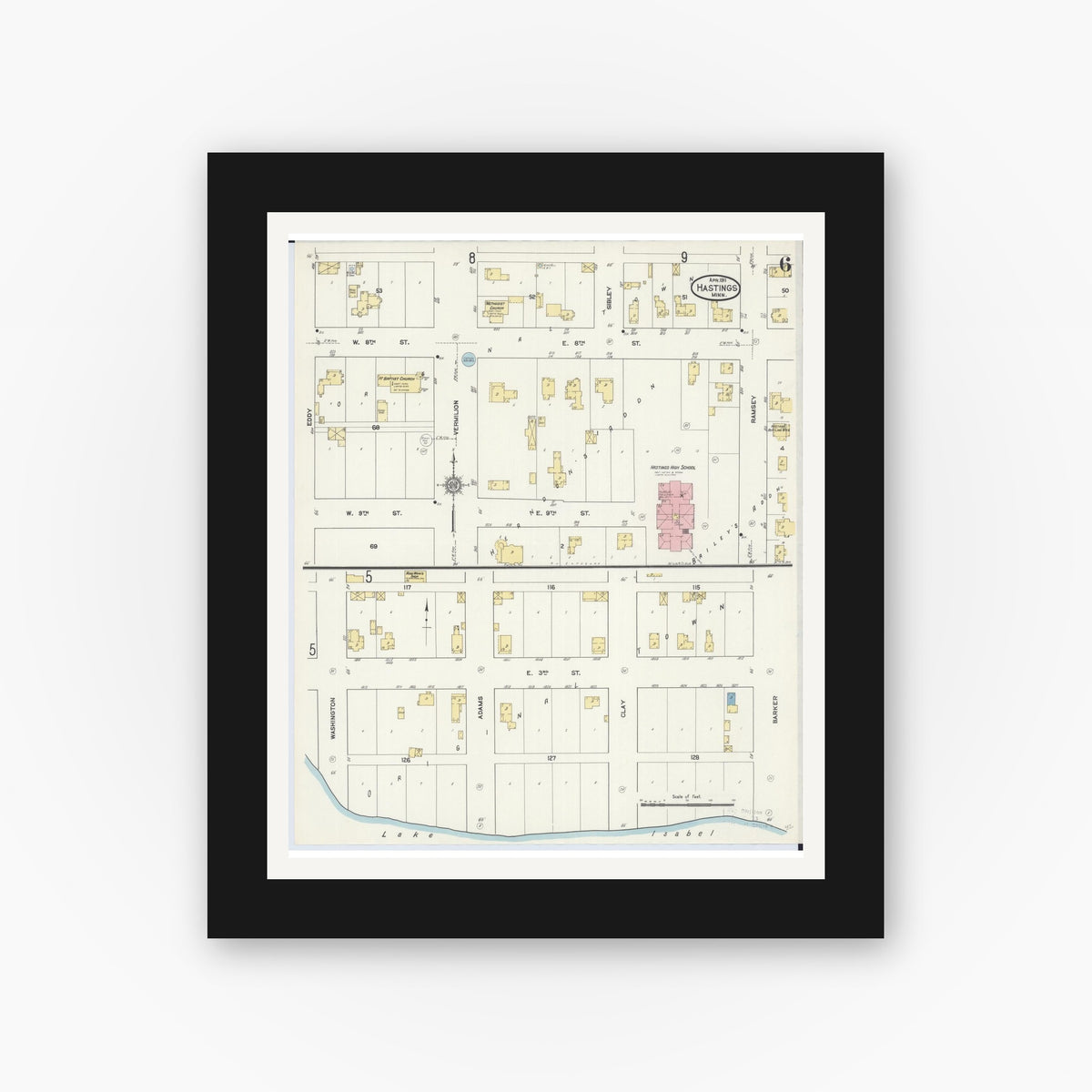 Old map wall art mockup — black gallery frame with white mat — Sanborn Fire Insurance Map from Hastings, Dakota County, Minnesota (1911), Sheet #0006