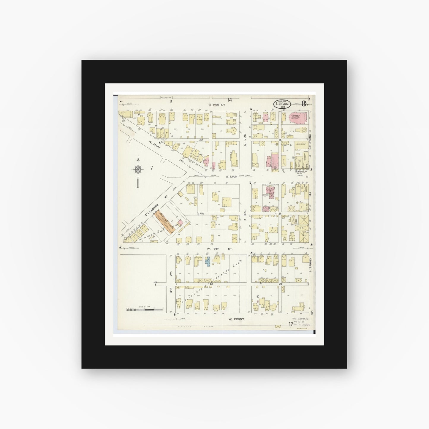 Old map wall art mockup — black gallery frame with white mat — Sanborn Fire Insurance Map from Logan, Hocking County, Ohio (1914), Sheet #0008