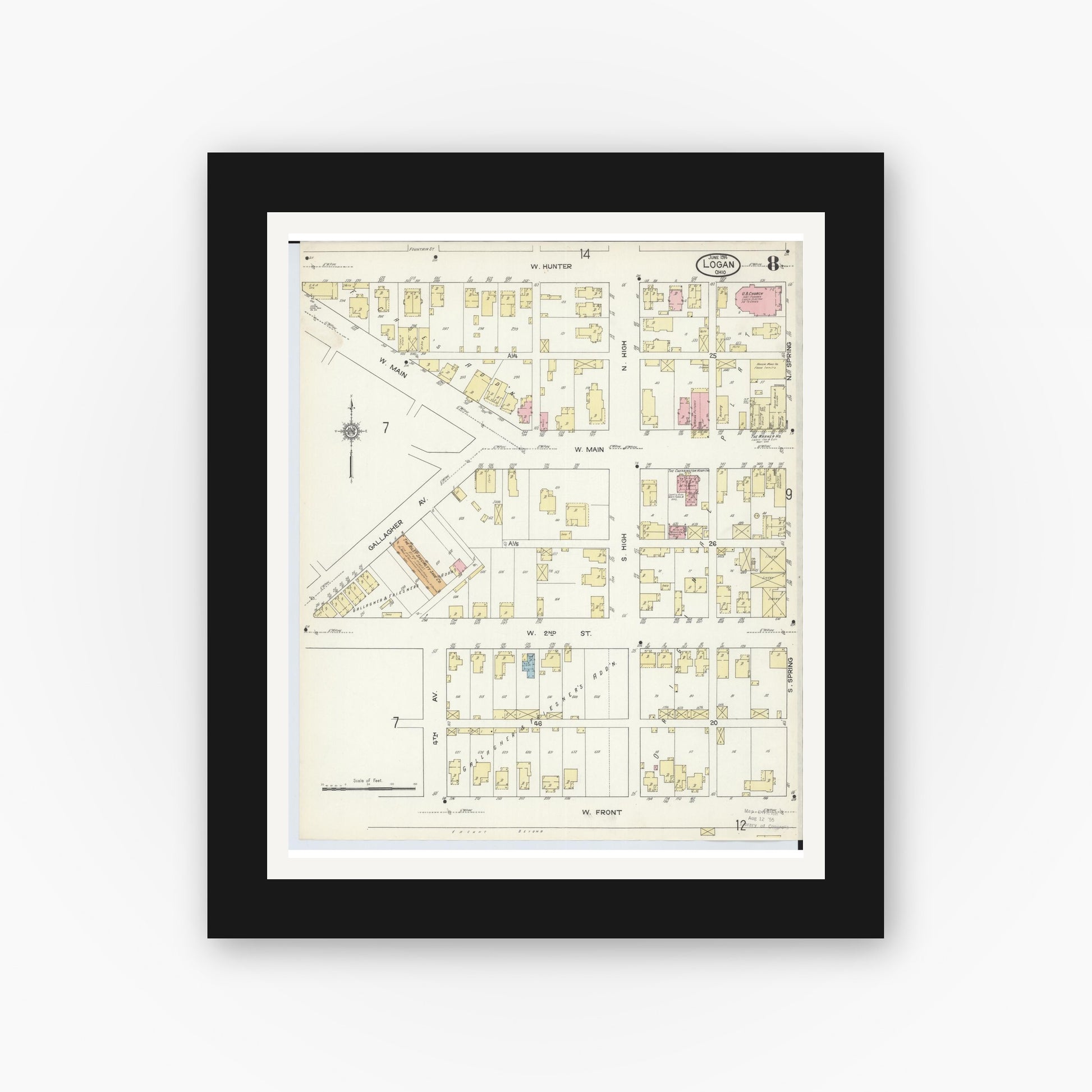 Old map wall art mockup — black gallery frame with white mat — Sanborn Fire Insurance Map from Logan, Hocking County, Ohio (1914), Sheet #0008