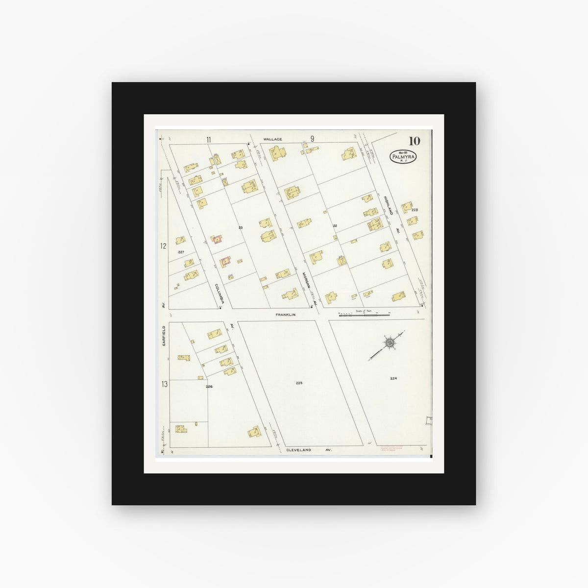 Old map wall art mockup — black gallery frame with white mat — Sanborn Fire Insurance Map from Palmyra, Burlington County, New Jersey (1911), Sheet #0010