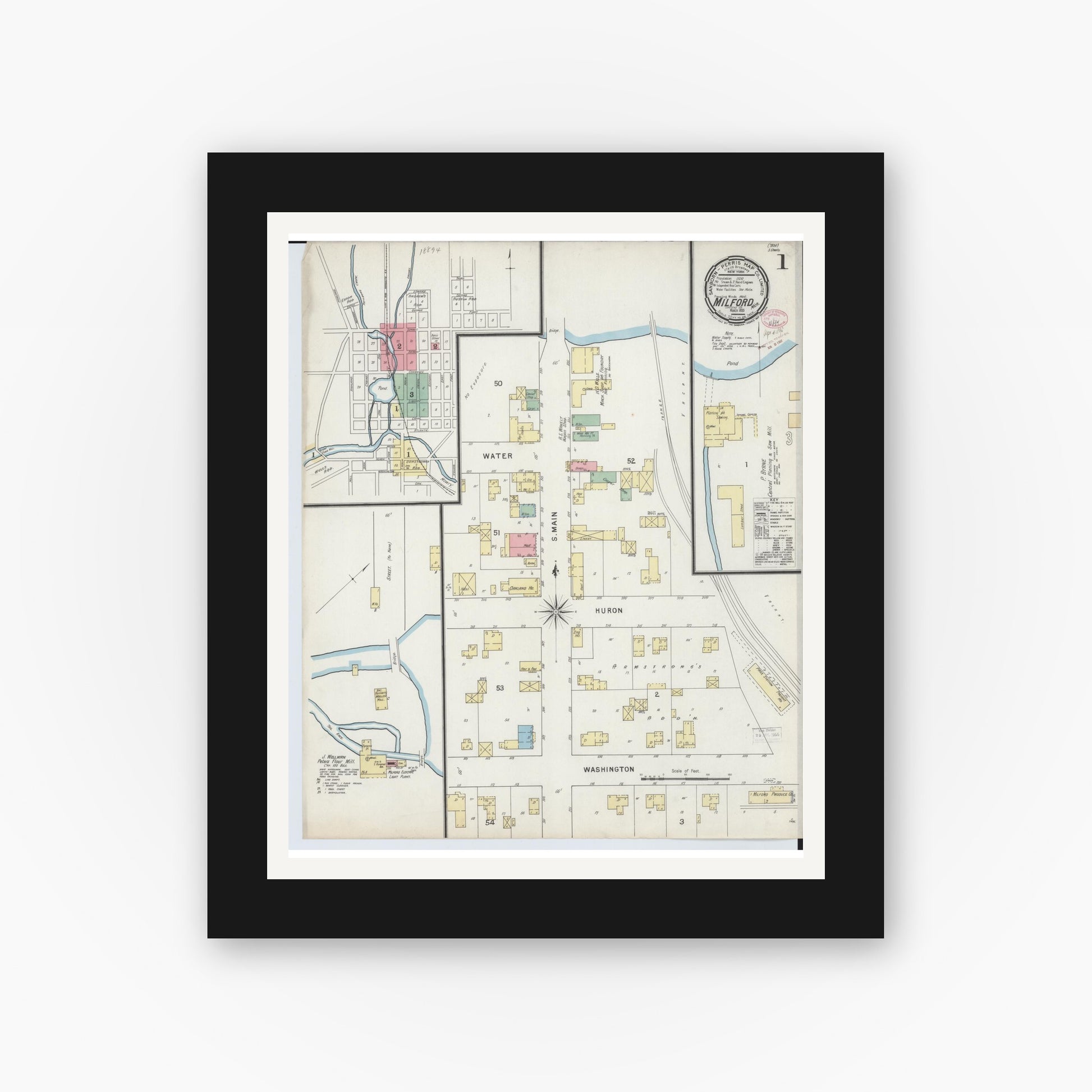 Old map wall art mockup — black gallery frame with white mat — Sanborn Fire Insurance Map from Milford, Oakland County, Michigan (1895) - Complete Map Set