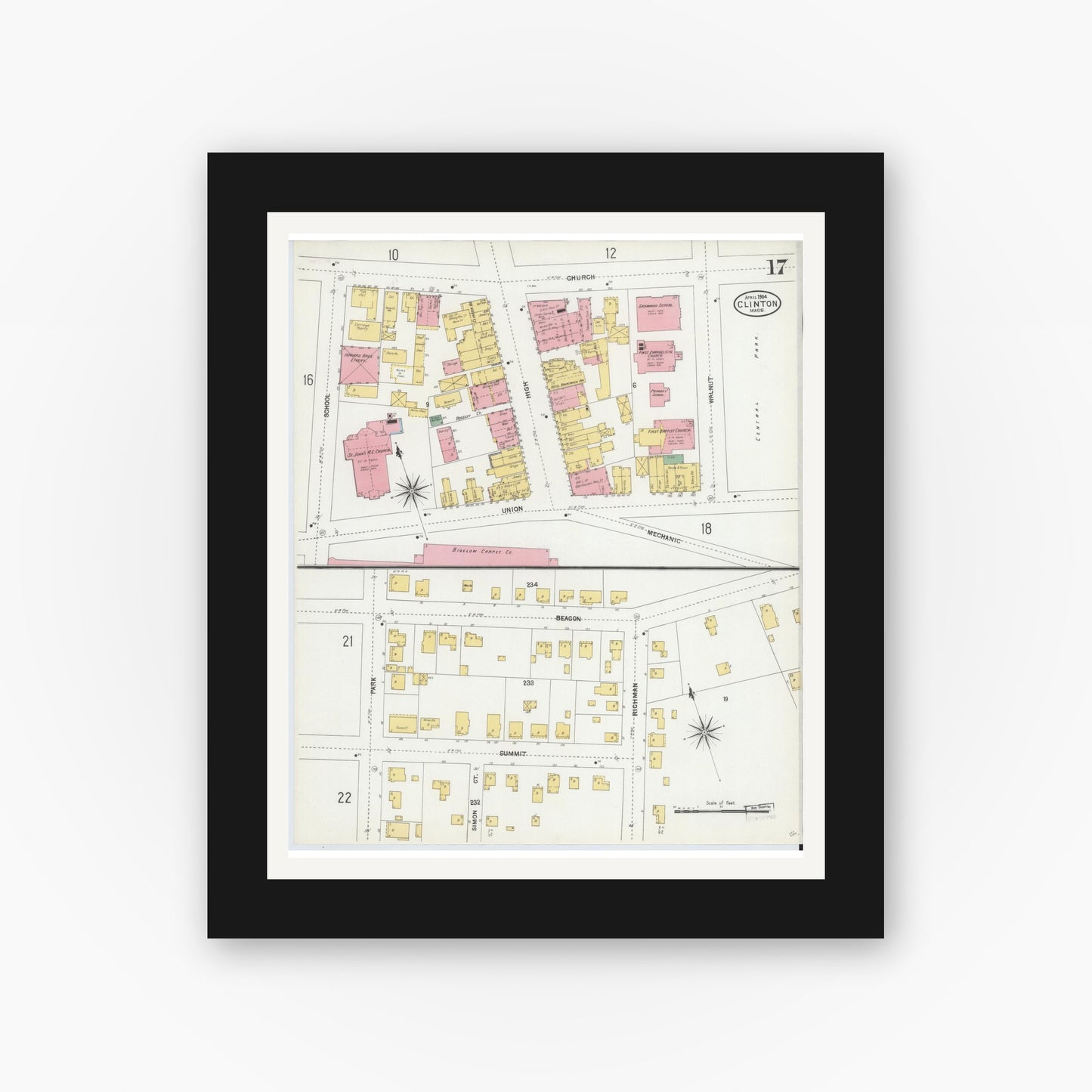 Old map wall art mockup — black gallery frame with white mat — Sanborn Fire Insurance Map from Clinton, Worcester County, Massachusetts (1904), Sheet #0017
