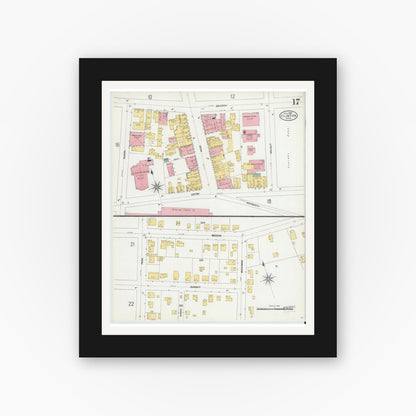 Old map wall art mockup — black gallery frame with white mat — Sanborn Fire Insurance Map from Clinton, Worcester County, Massachusetts (1904), Sheet #0017