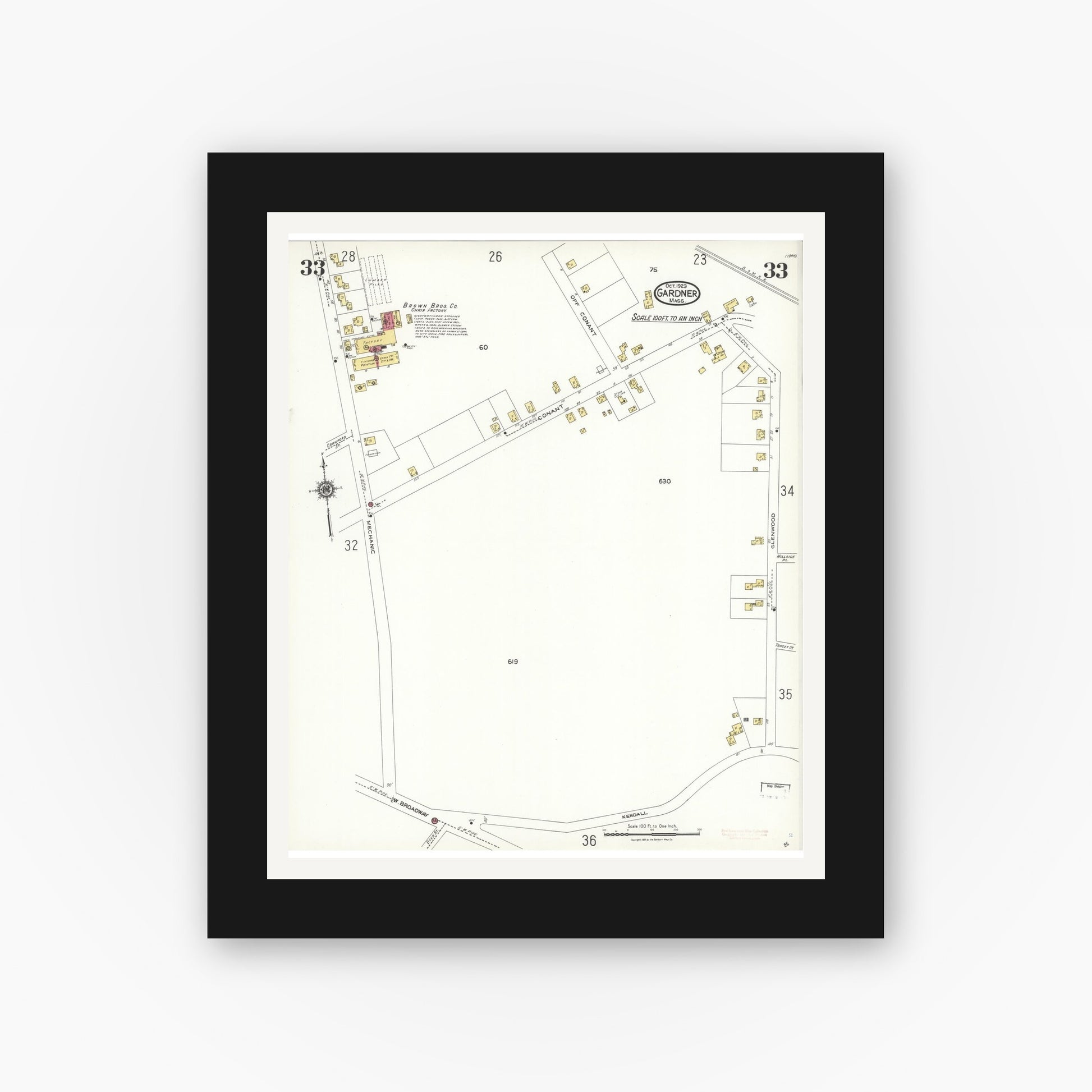 Old map wall art mockup — black gallery frame with white mat — Sanborn Fire Insurance Map from Gardner, Worcester County, Massachusetts (1923), Sheet #0033