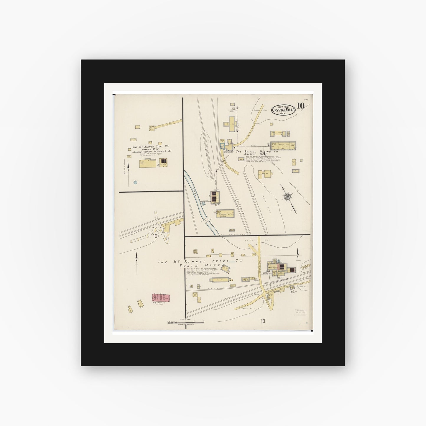 Old map wall art mockup — black gallery frame with white mat — Sanborn Fire Insurance Map from Crystal Falls, Iron County, Michigan (1922), Sheet #0010
