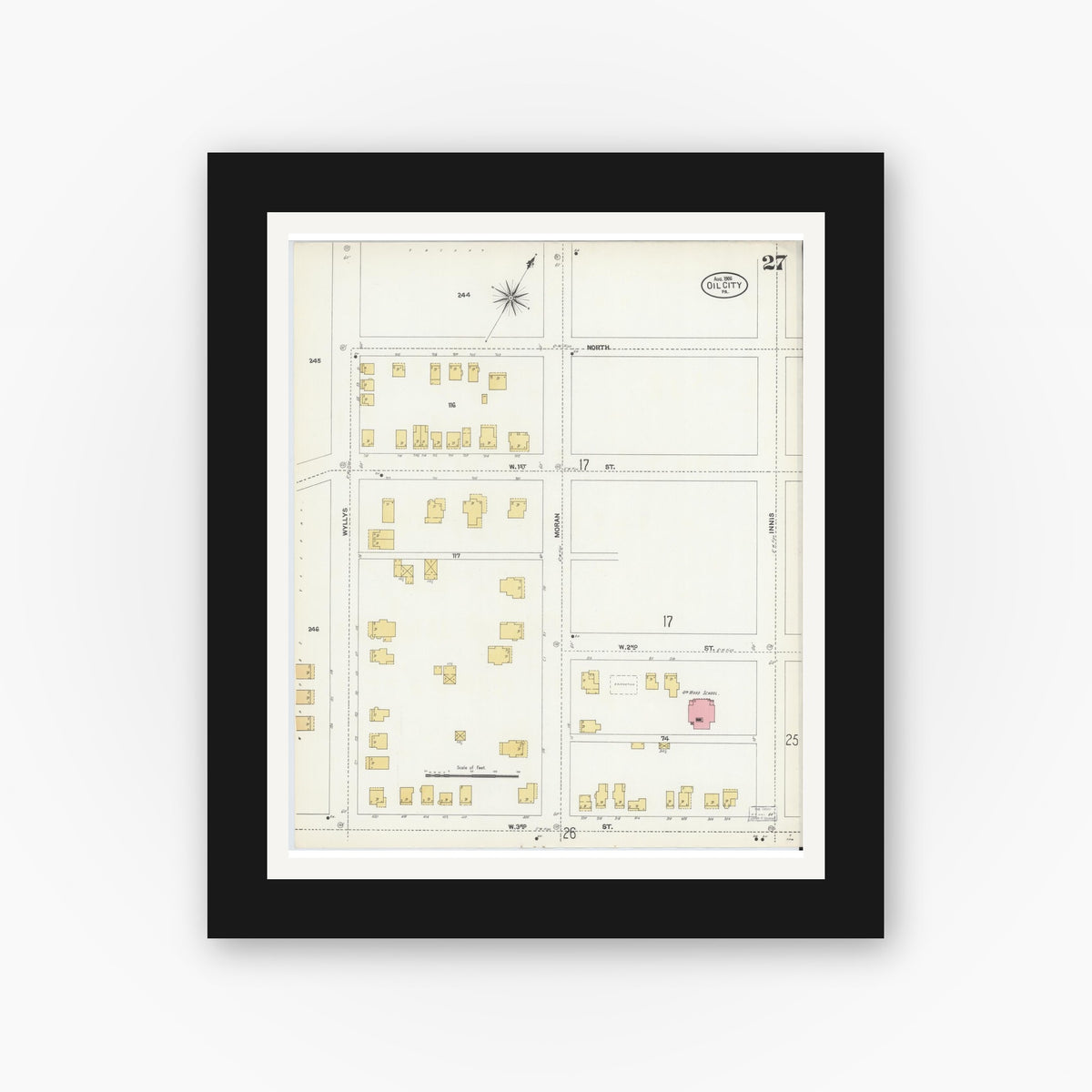 Old map wall art mockup — black gallery frame with white mat — Sanborn Fire Insurance Map from Oil City, Venango County, Pennsylvania (1906), Sheet #0027