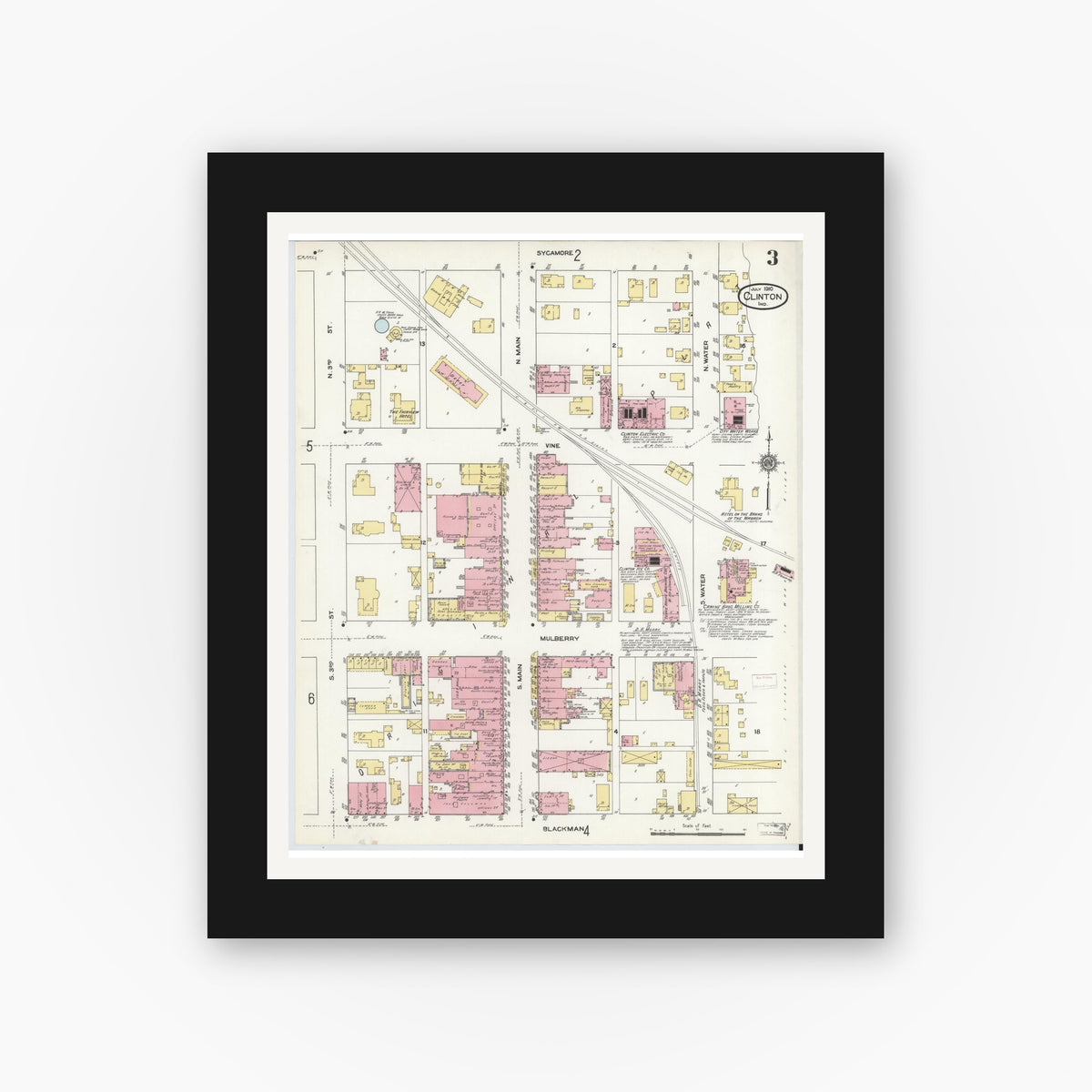 Old map wall art mockup — black gallery frame with white mat — Sanborn Fire Insurance Map from Clinton, Vermillion County, Indiana (1910), Sheet #0003