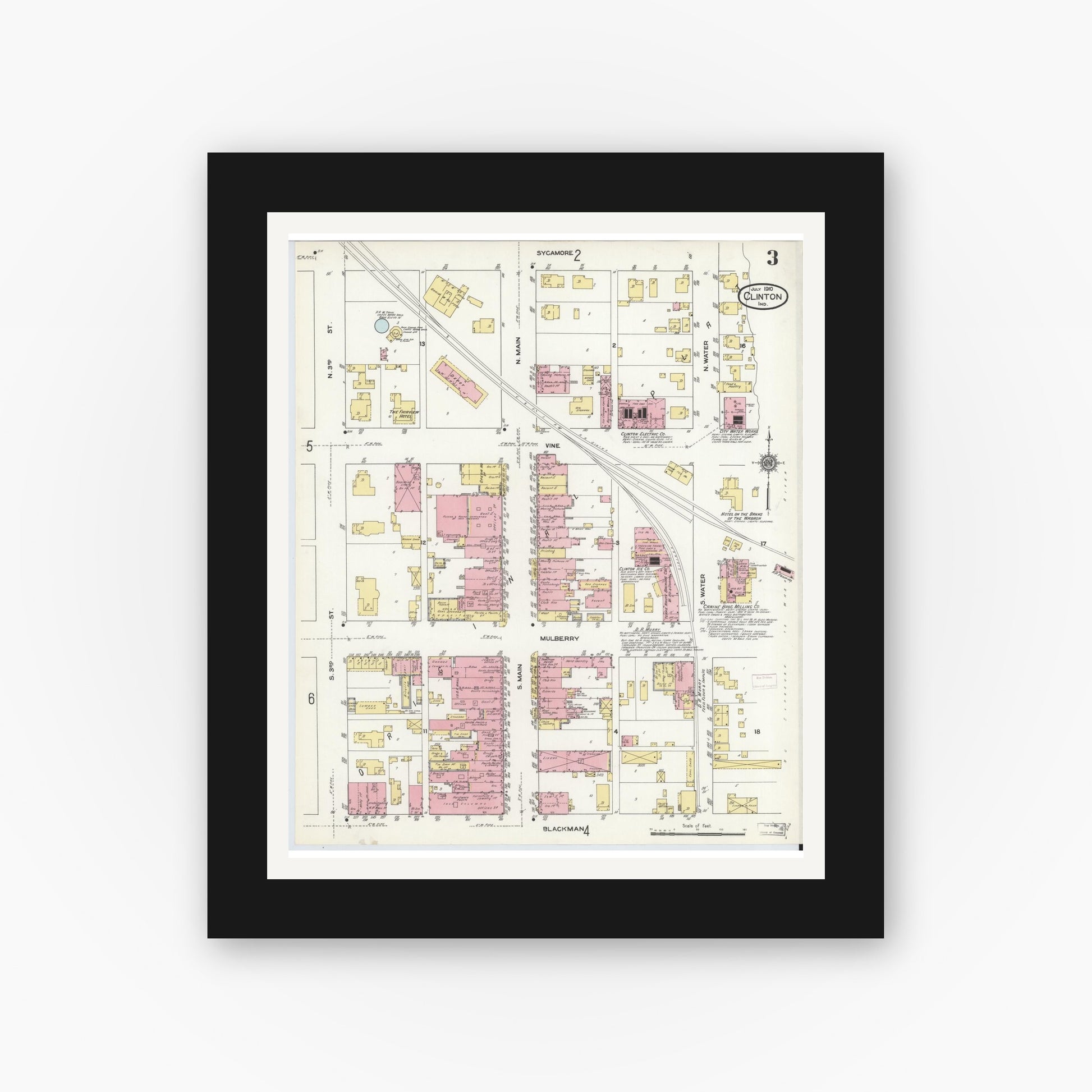 Old map wall art mockup — black gallery frame with white mat — Sanborn Fire Insurance Map from Clinton, Vermillion County, Indiana (1910), Sheet #0003