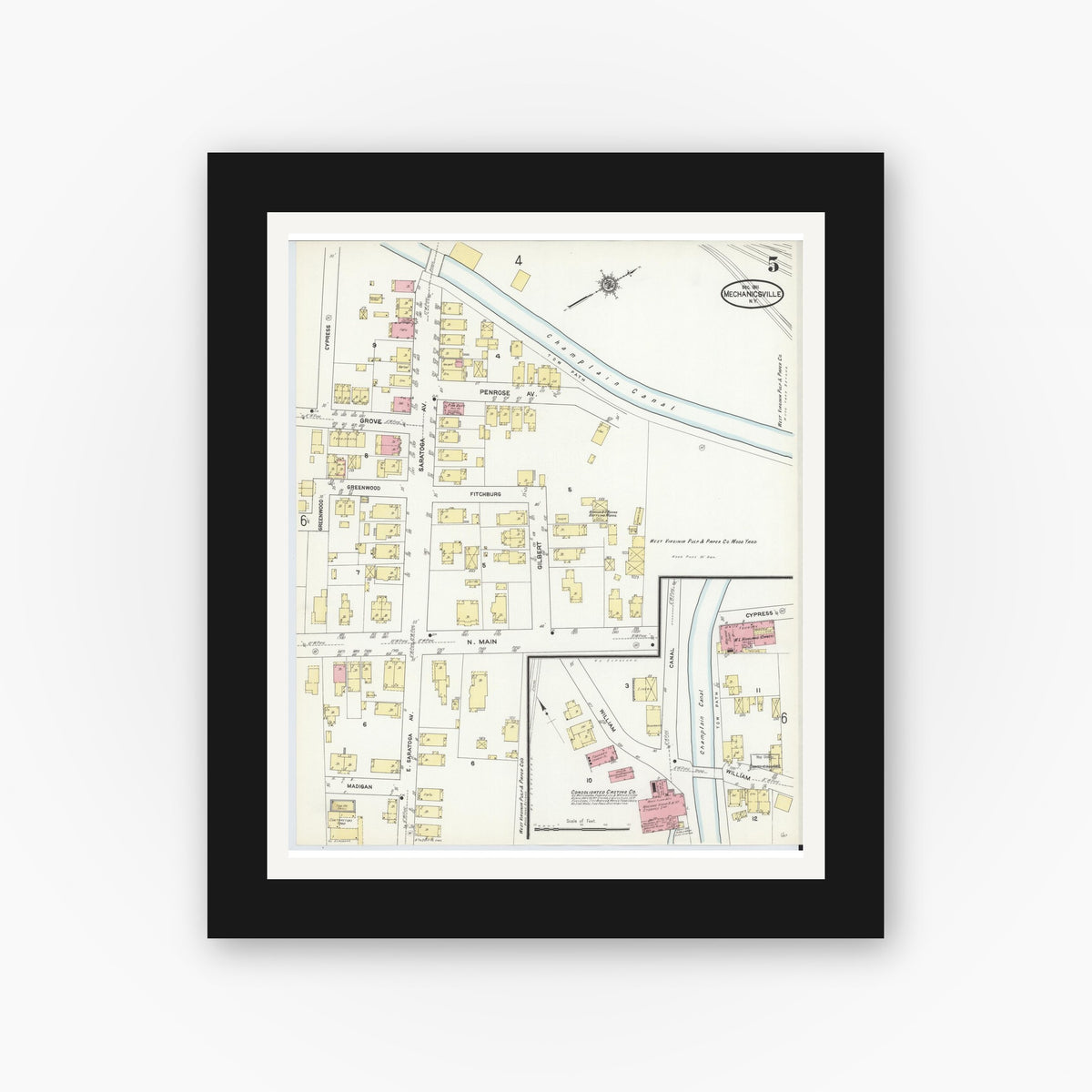 Old map wall art mockup — black gallery frame with white mat — Sanborn Fire Insurance Map from Mechanicville, Saratoga County, New York (1911), Sheet #0005