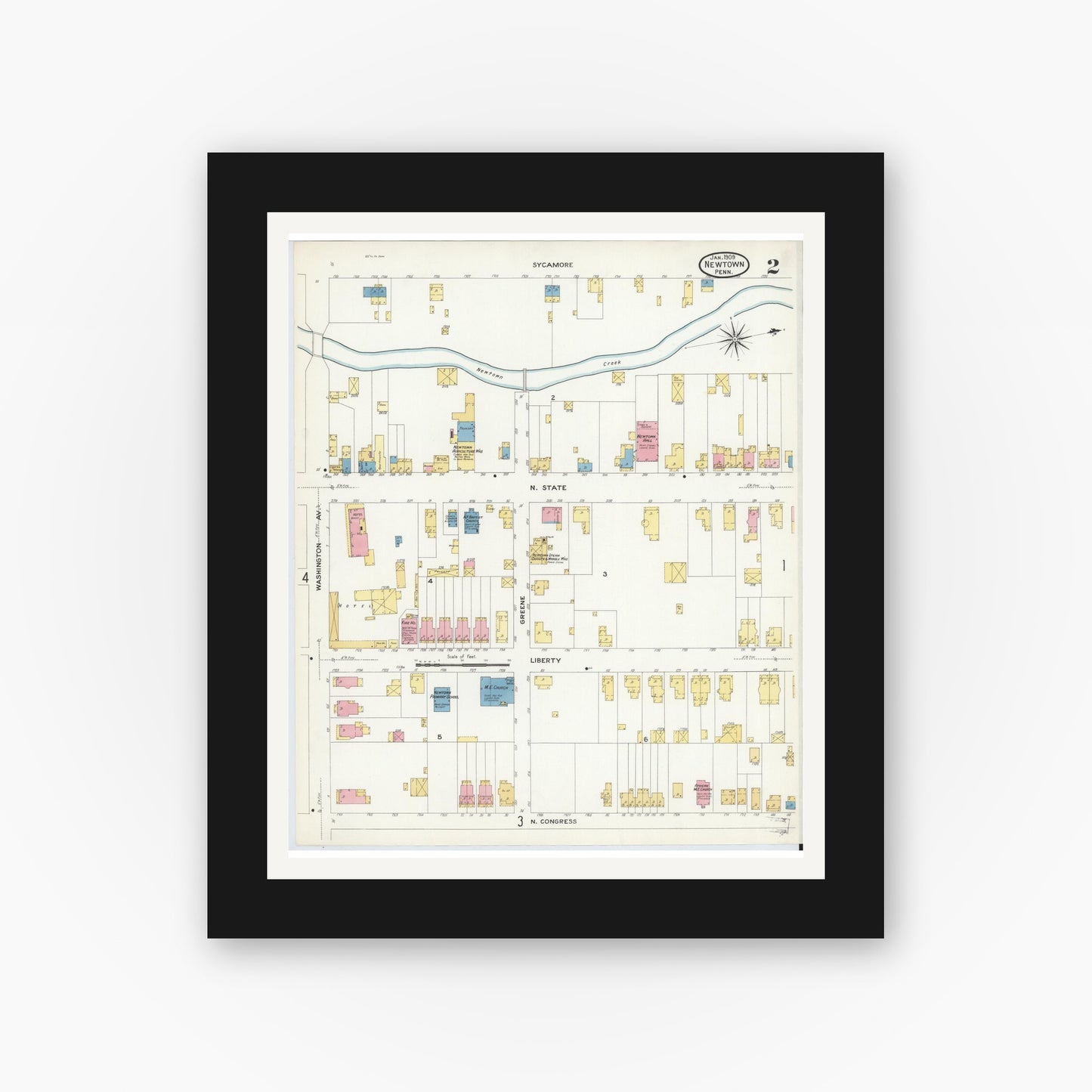 Old map wall art mockup — black gallery frame with white mat — Sanborn Fire Insurance Map from Newtown, Bucks County, Pennsylvania (1909), Sheet #0002