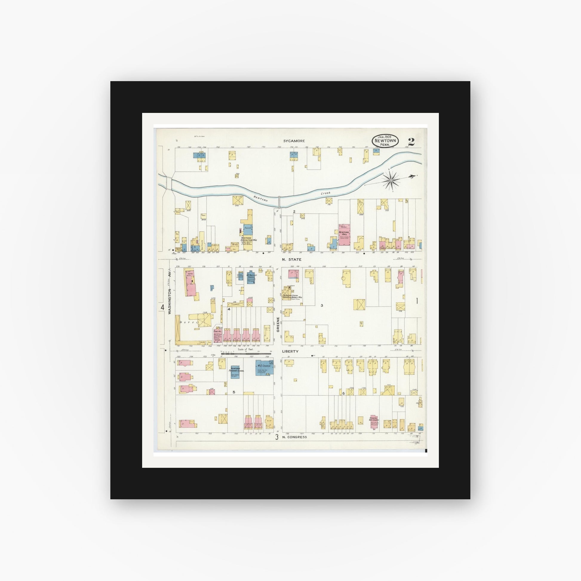 Old map wall art mockup — black gallery frame with white mat — Sanborn Fire Insurance Map from Newtown, Bucks County, Pennsylvania (1909), Sheet #0002