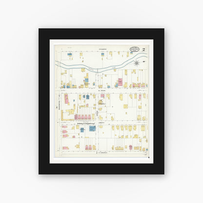 Old map wall art mockup — black gallery frame with white mat — Sanborn Fire Insurance Map from Newtown, Bucks County, Pennsylvania (1909), Sheet #0002