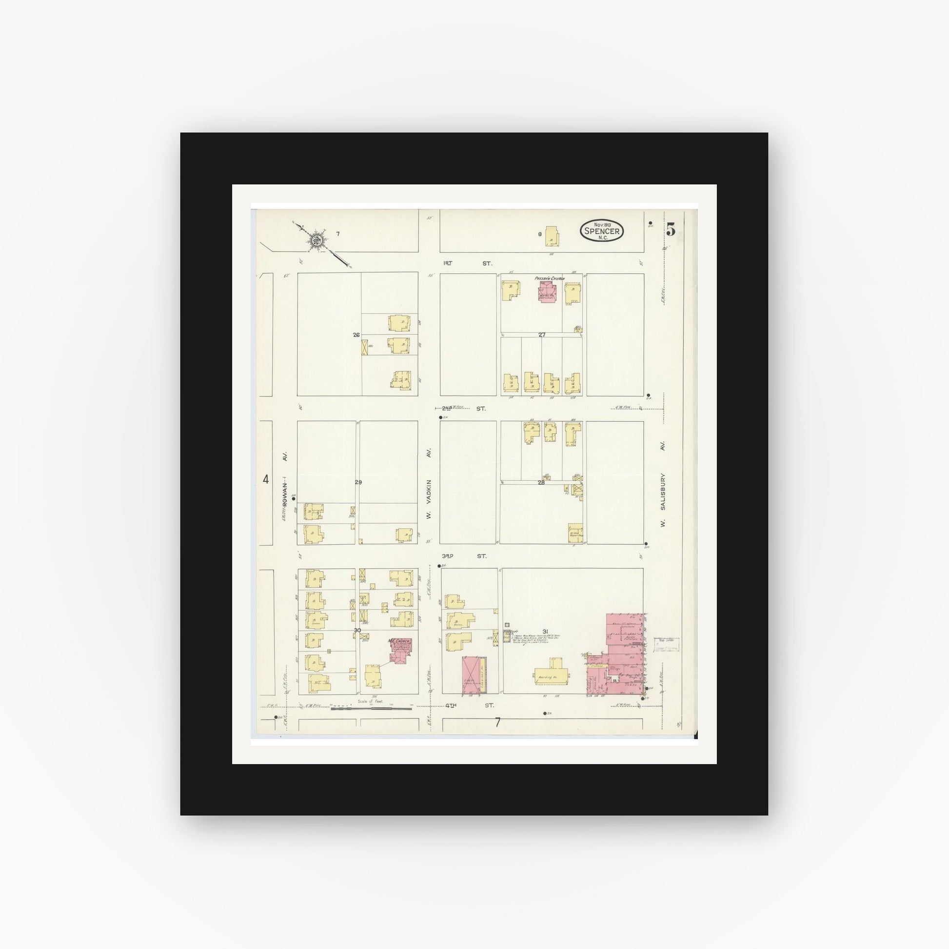 Old map wall art mockup — black gallery frame with white mat — Sanborn Fire Insurance Map from Spencer, Rowan County, North Carolina (1913), Sheet #0005