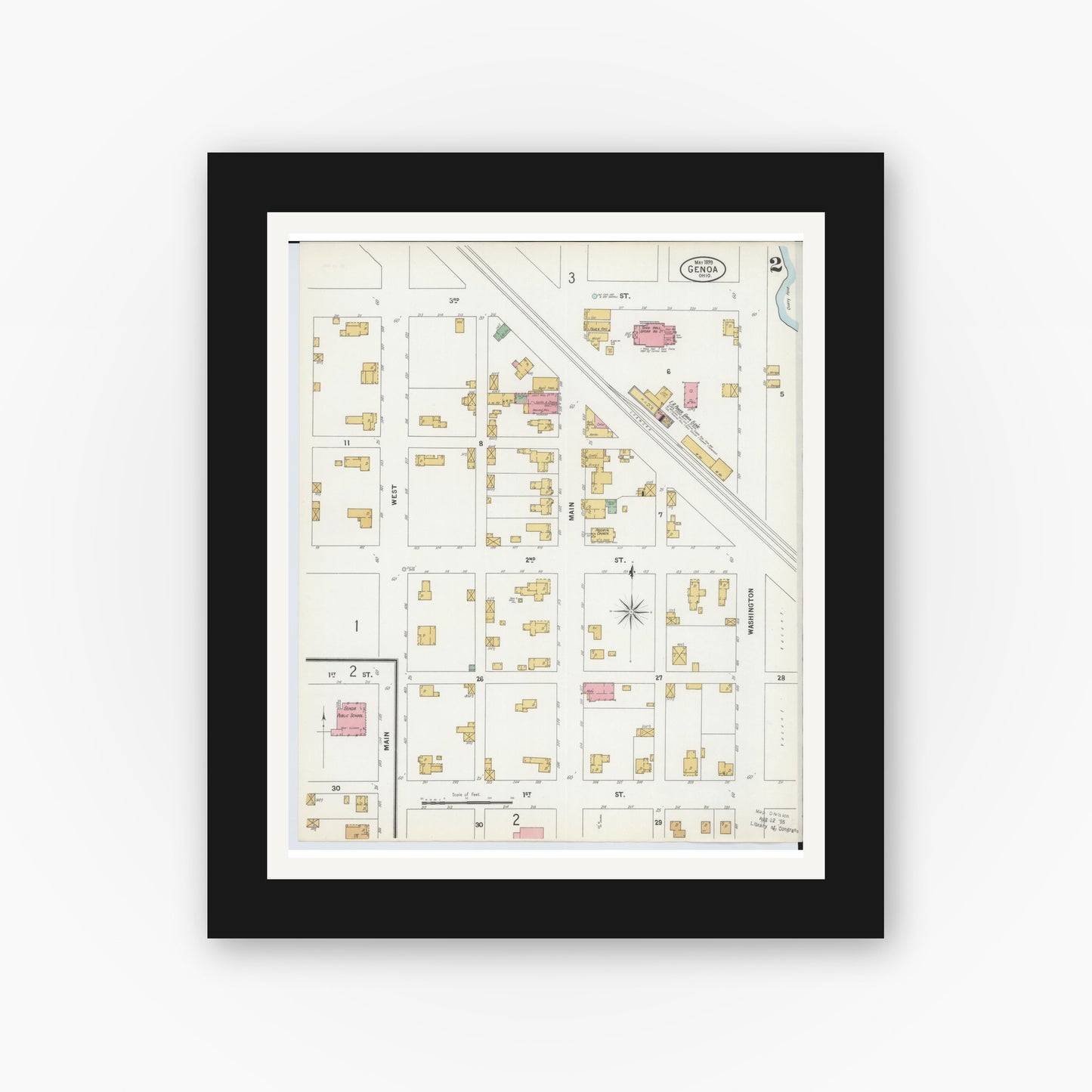Old map wall art mockup — black gallery frame with white mat — Sanborn Fire Insurance Map from Genoa, Ottawa County, Ohio (1899), Sheet #0002