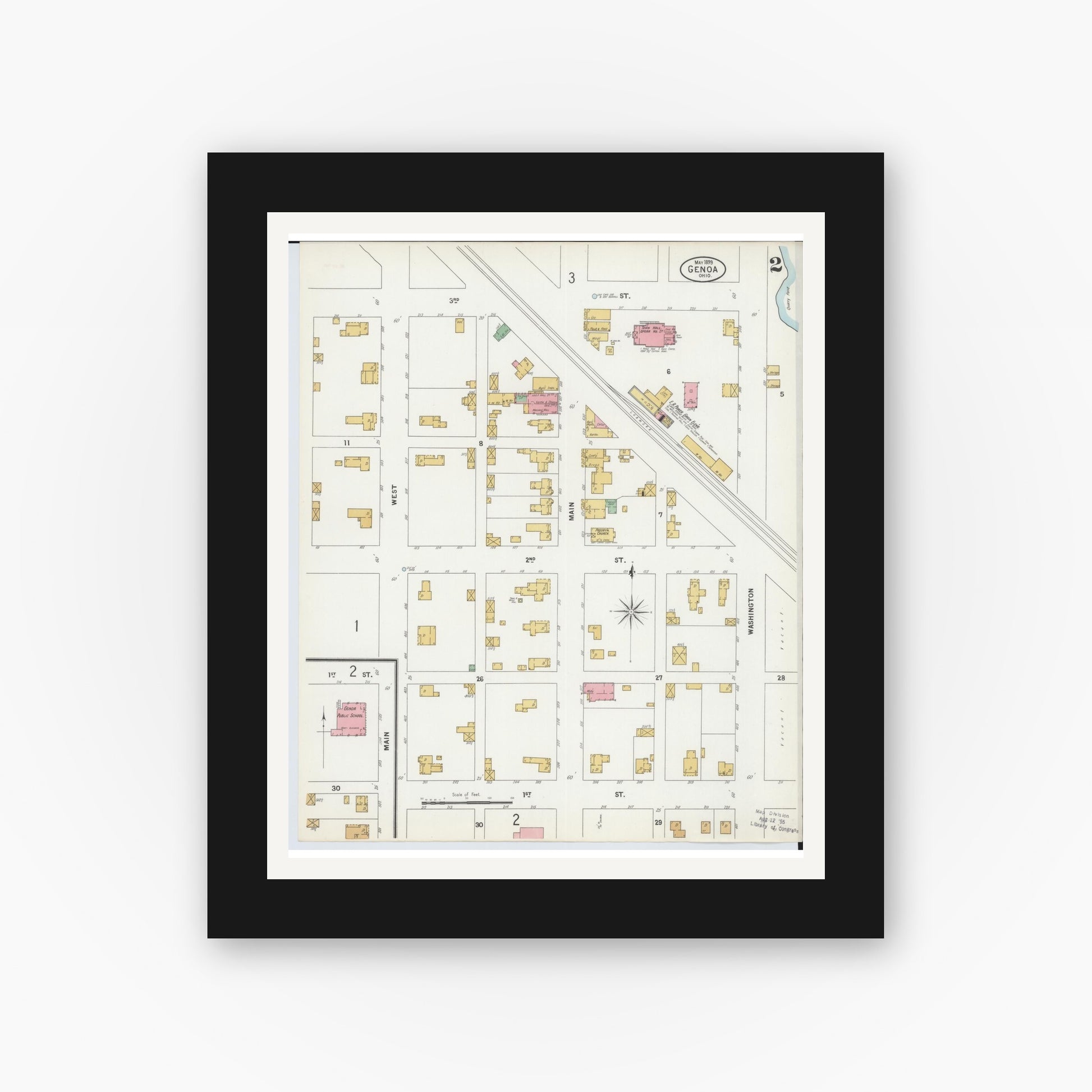 Old map wall art mockup — black gallery frame with white mat — Sanborn Fire Insurance Map from Genoa, Ottawa County, Ohio (1899), Sheet #0002