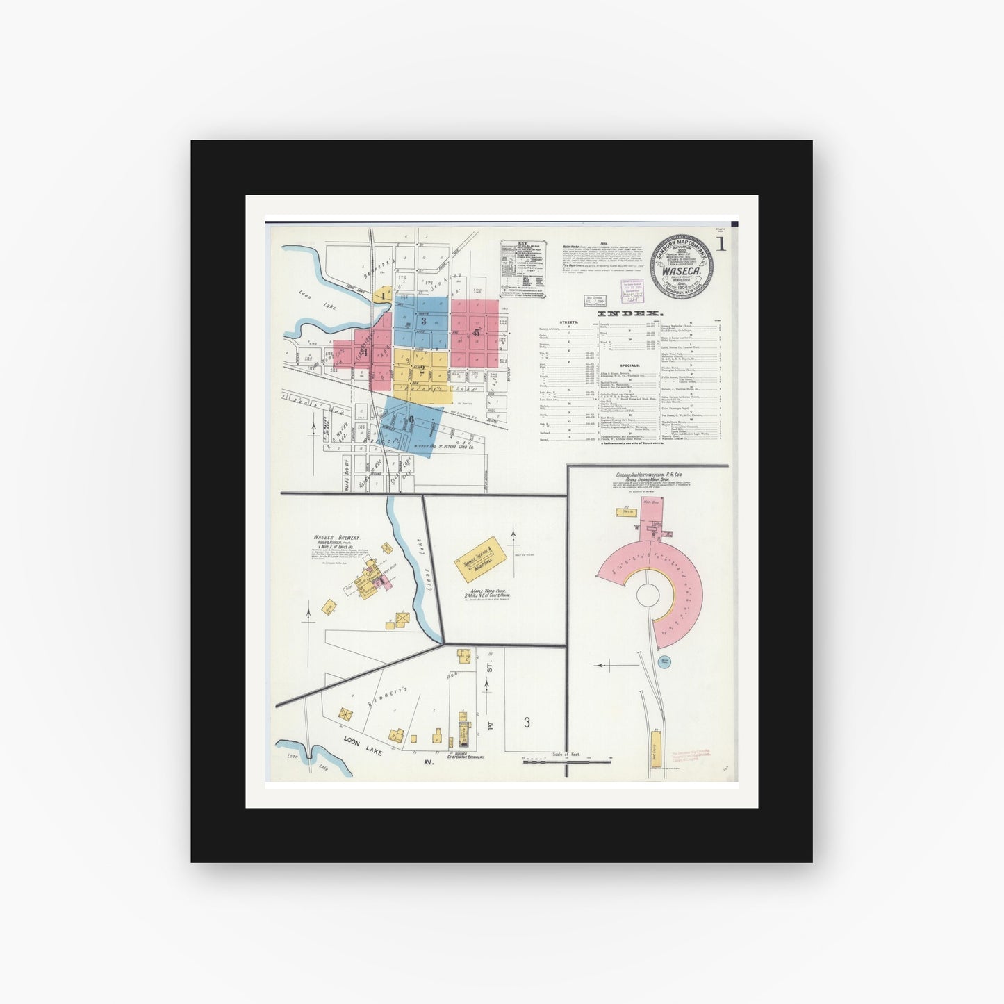 Old map wall art mockup — black gallery frame with white mat — Sanborn Fire Insurance Map from Waseca, Waseca County, Minnesota (1904), Sheet #0001