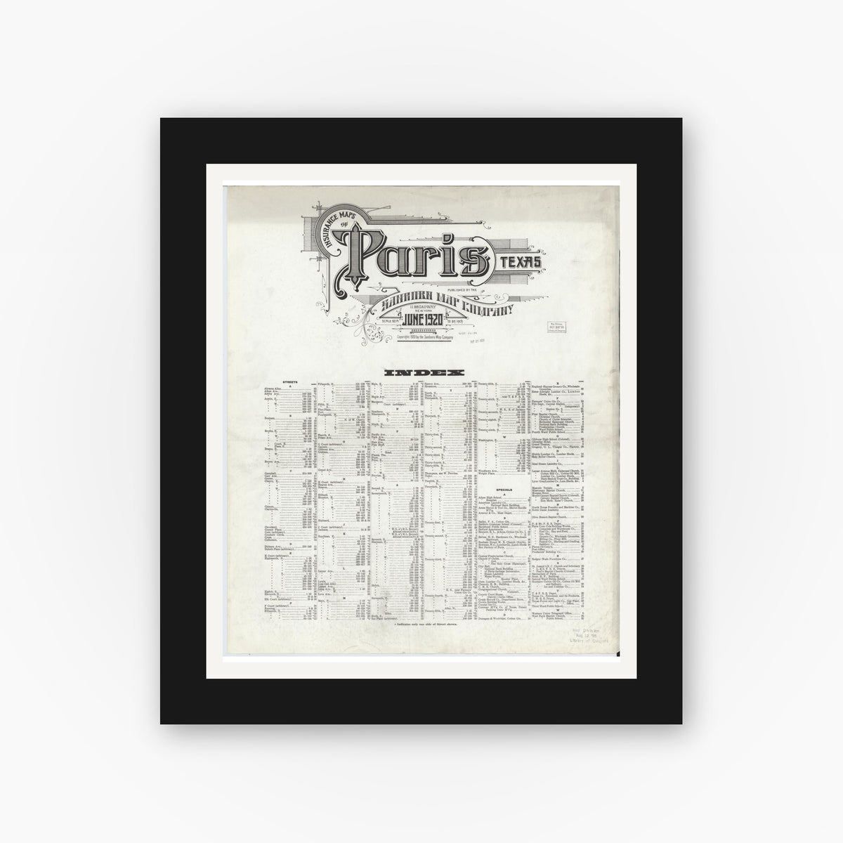 Old map wall art mockup — black gallery frame with white mat — Sanborn Fire Insurance Map from Paris, Lamar County, Texas (1920), Sheet #0001