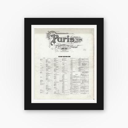 Old map wall art mockup — black gallery frame with white mat — Sanborn Fire Insurance Map from Paris, Lamar County, Texas (1920), Sheet #0001