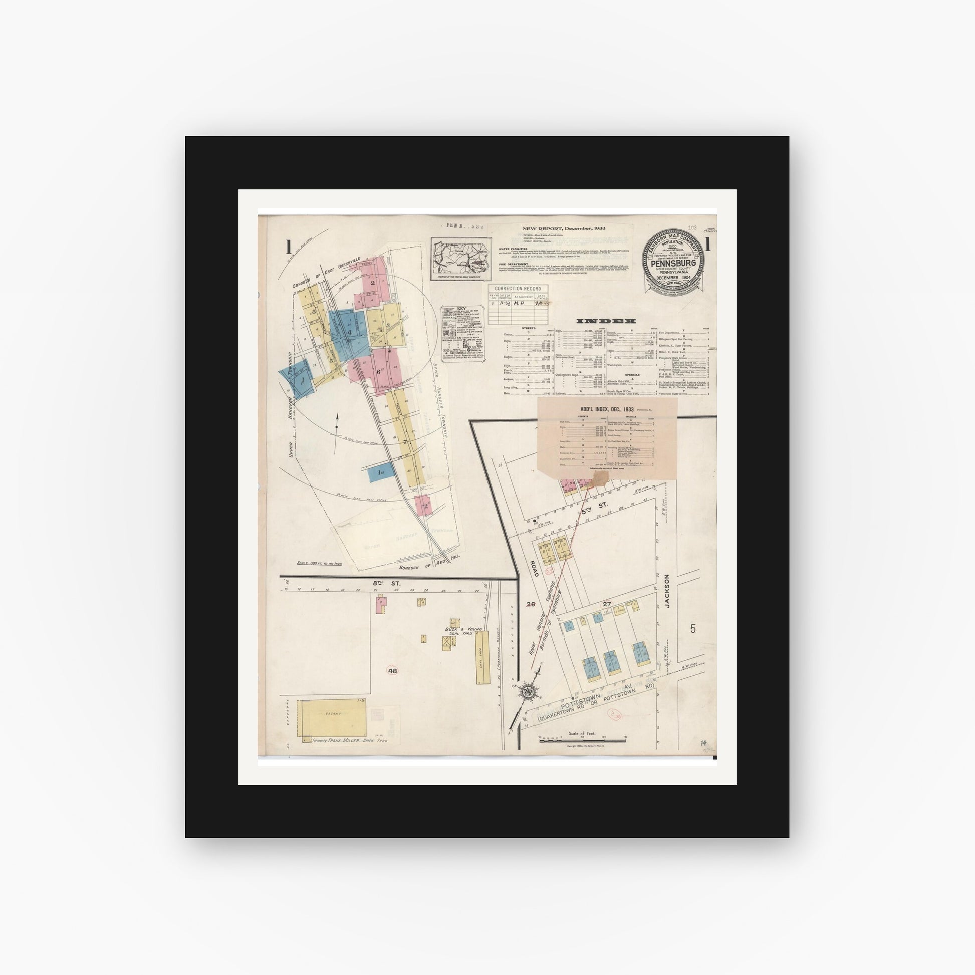 Old map wall art mockup — black gallery frame with white mat — Sanborn Fire Insurance Map from Pennsburg, Montgomery County, Pennsylvania (1933), Sheet #0001