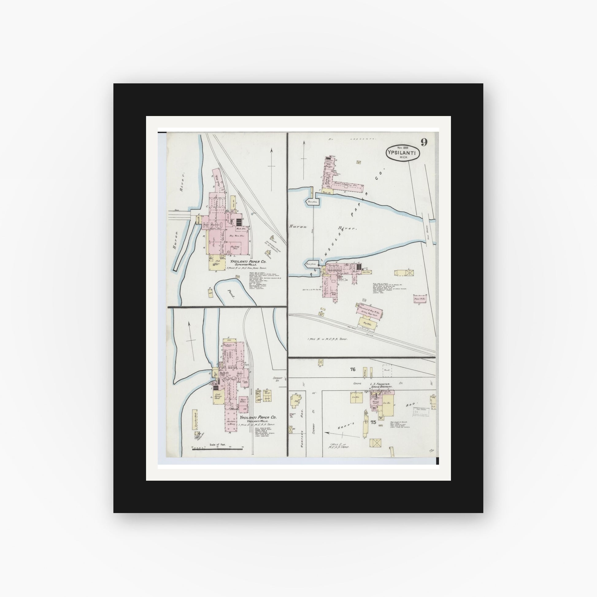 Old map wall art mockup — black gallery frame with white mat — Sanborn Fire Insurance Map from Ypsilanti, Washtenaw County, Michigan (1888), Sheet #0009