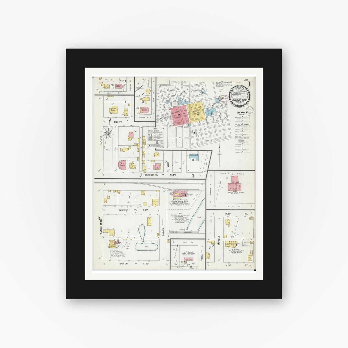 Old map wall art mockup — black gallery frame with white mat — Sanborn Fire Insurance Map from Monroe City, Monroe County, Missouri (1899), Sheet #0001