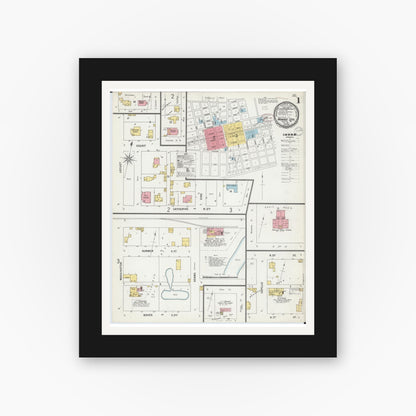 Old map wall art mockup — black gallery frame with white mat — Sanborn Fire Insurance Map from Monroe City, Monroe County, Missouri (1899), Sheet #0001