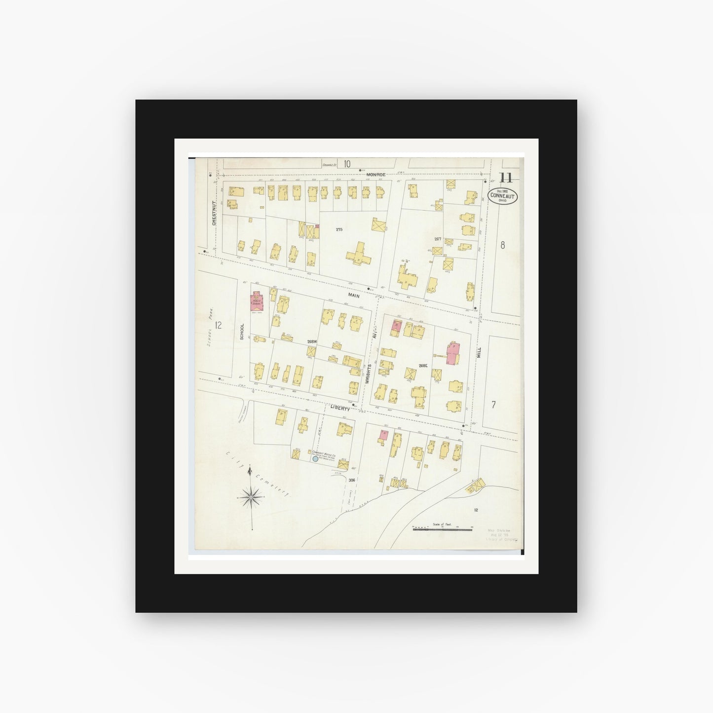 Old map wall art mockup — black gallery frame with white mat — Sanborn Fire Insurance Map from Conneaut, Ashtabula County, Ohio (1902), Sheet #0011