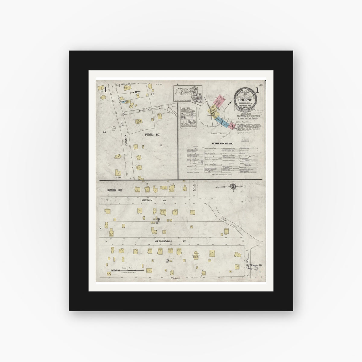Old map wall art mockup — black gallery frame with white mat — Sanborn Fire Insurance Map from Bourne, Barnstable County, Massachusetts (1924) - Complete Map Set