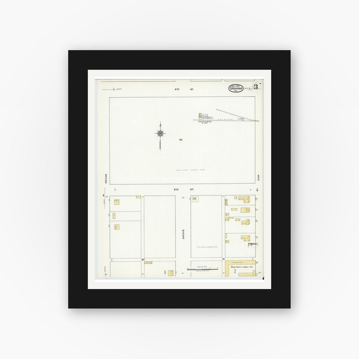 Old map wall art mockup — black gallery frame with white mat — Sanborn Fire Insurance Map from Graham, Young County, Texas (1920), Sheet #0003
