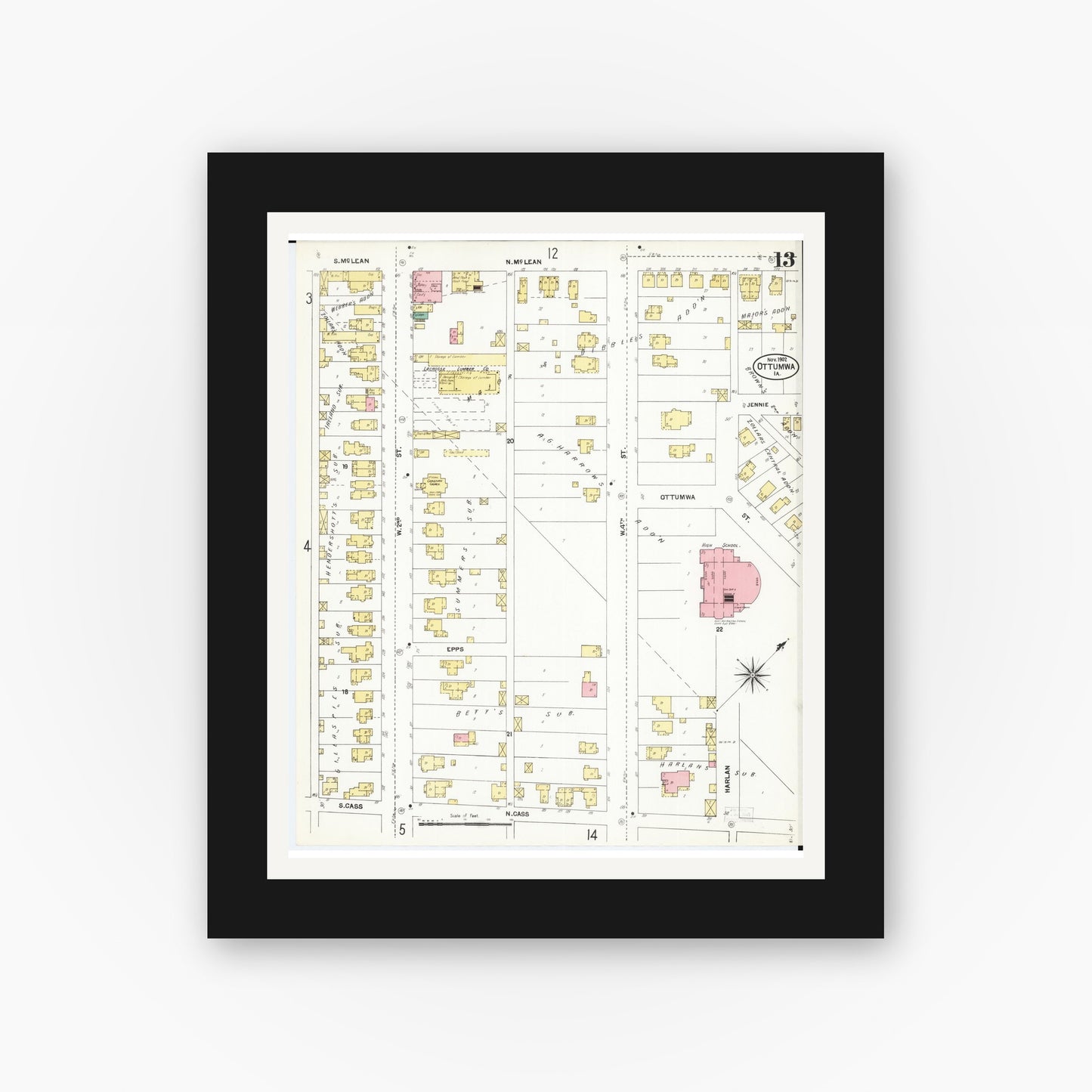 Old map wall art mockup — black gallery frame with white mat — Sanborn Fire Insurance Map from Ottumwa, Wapello County, Iowa (1902), Sheet #0013