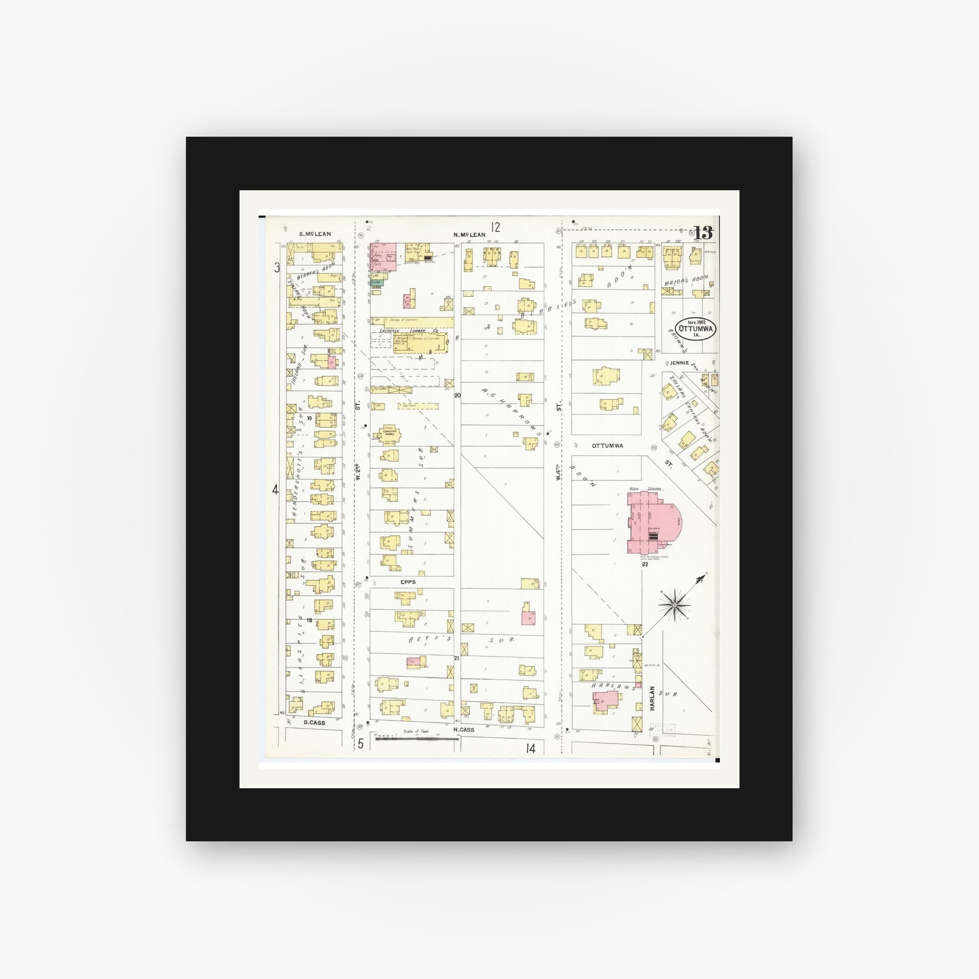 Old map wall art mockup — black gallery frame with white mat — Sanborn Fire Insurance Map from Ottumwa, Wapello County, Iowa (1902), Sheet #0013