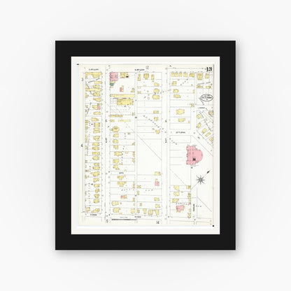 Old map wall art mockup — black gallery frame with white mat — Sanborn Fire Insurance Map from Ottumwa, Wapello County, Iowa (1902), Sheet #0013