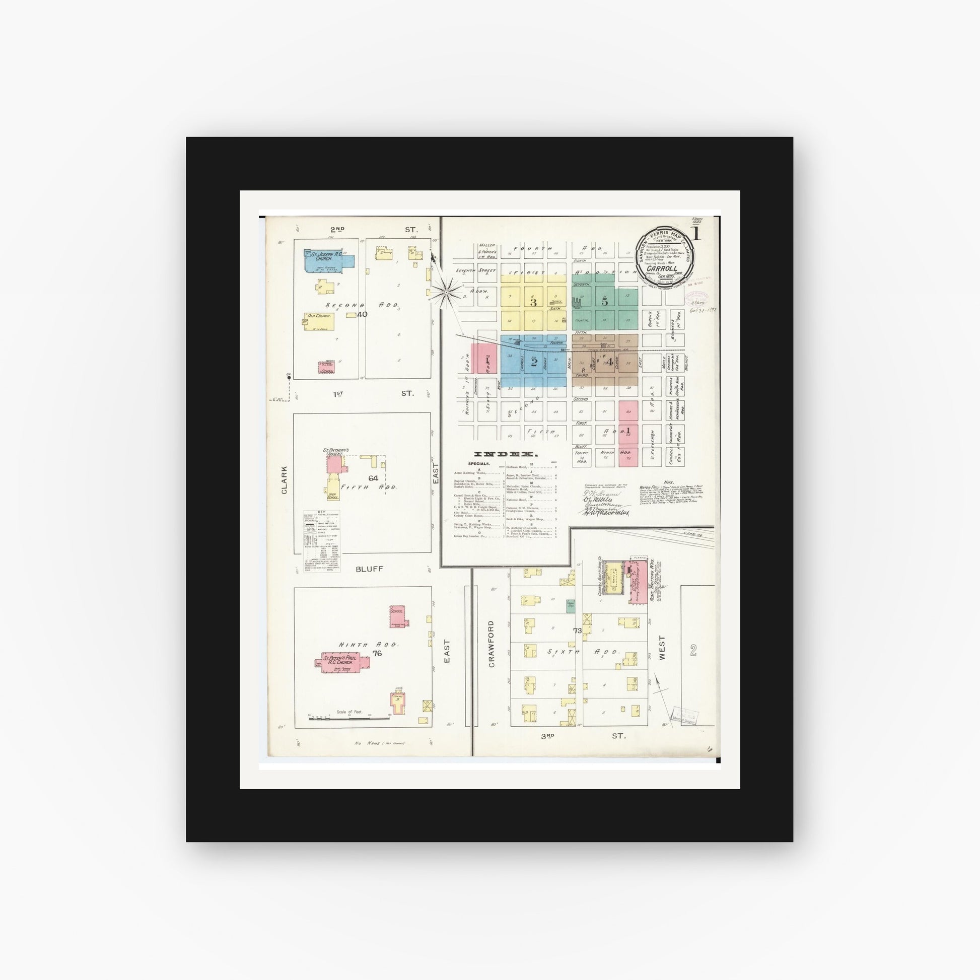Old map wall art mockup — black gallery frame with white mat — Sanborn Fire Insurance Map from Carroll, Carroll County, Iowa (1893) â€” Complete Set