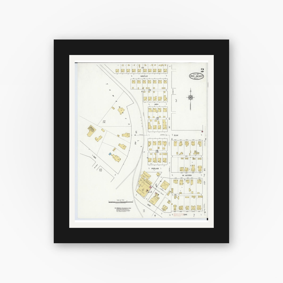 Old map wall art mockup — black gallery frame with white mat — Sanborn Fire Insurance Map from Red Jacket, Houghton County, Michigan (1917), Sheet #0002