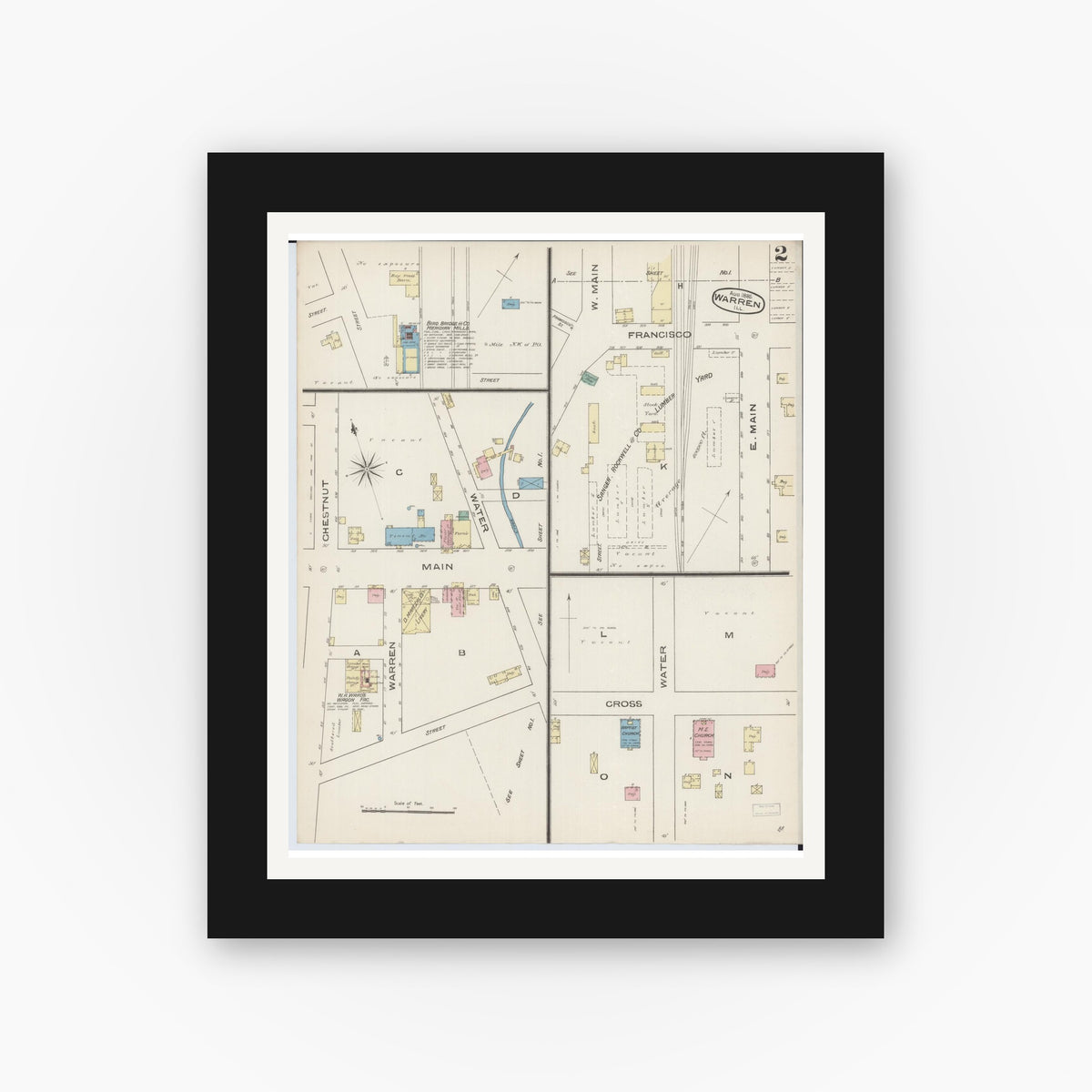 Old map wall art mockup — black gallery frame with white mat — Sanborn Fire Insurance Map from Warren, Jo Daviess County, Illinois (1885), Sheet #0002