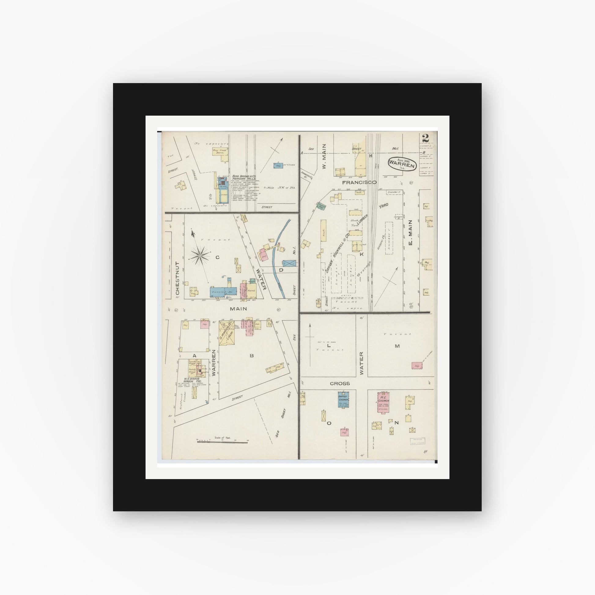 Old map wall art mockup — black gallery frame with white mat — Sanborn Fire Insurance Map from Warren, Jo Daviess County, Illinois (1885), Sheet #0002