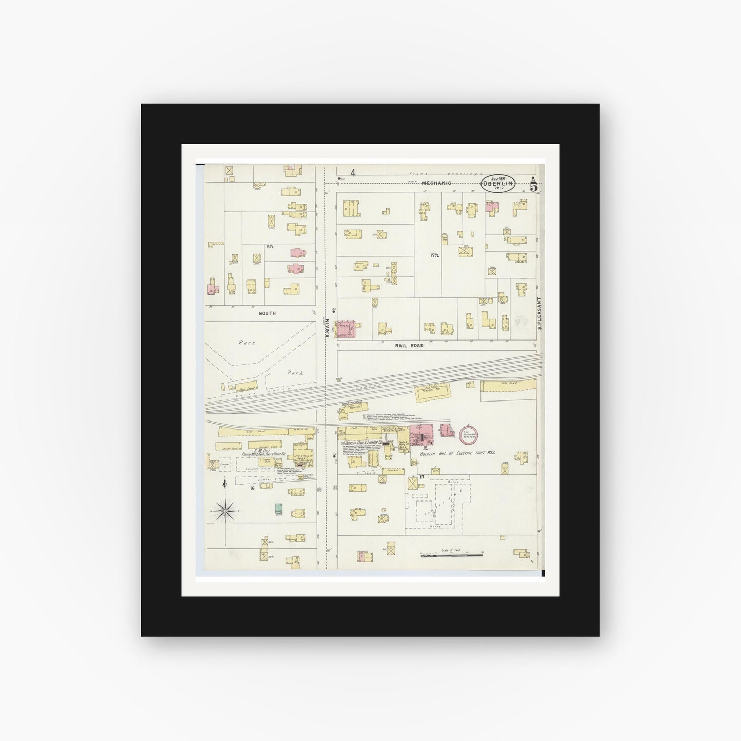 Old map wall art mockup — black gallery frame with white mat — Sanborn Fire Insurance Map from Oberlin, Lorain County, Ohio (1897), Sheet #0005