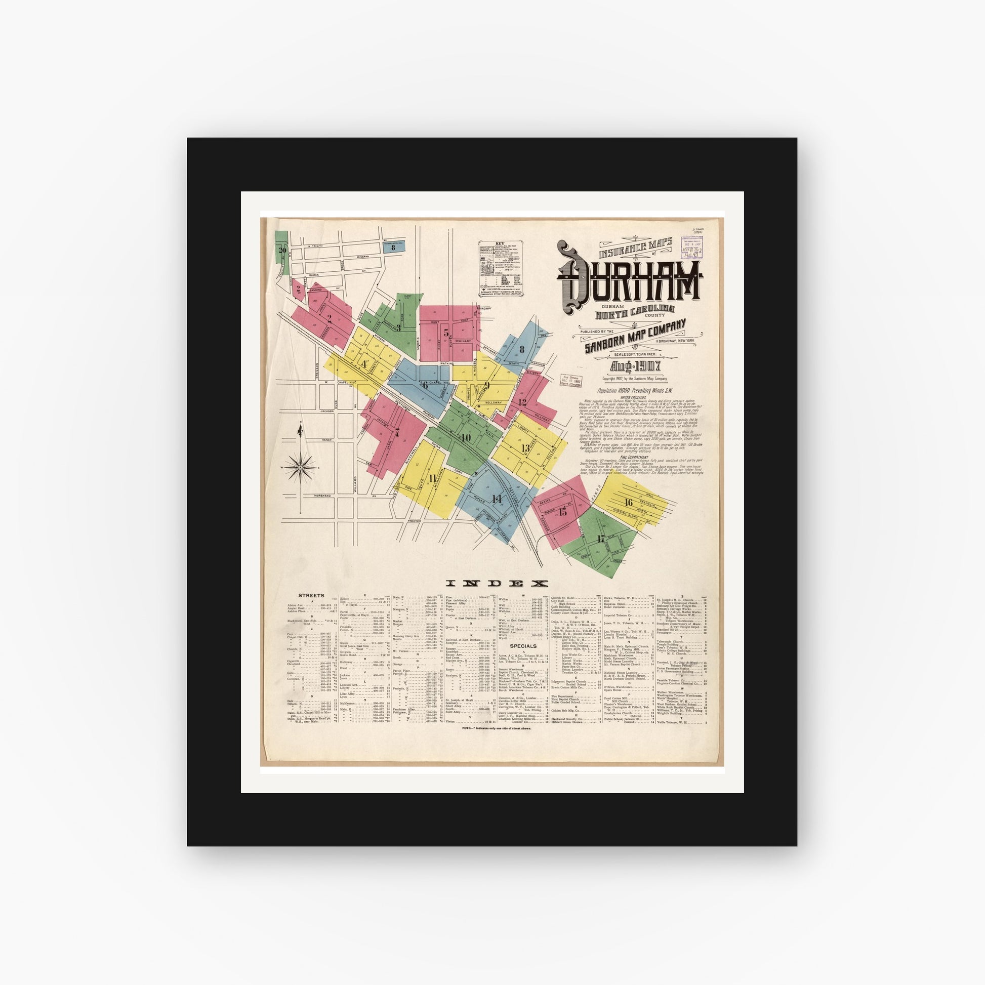 Old map wall art mockup — black gallery frame with white mat — Sanborn Fire Insurance Map from Durham, Durham County, North Carolina (1907), Sheet #0001
