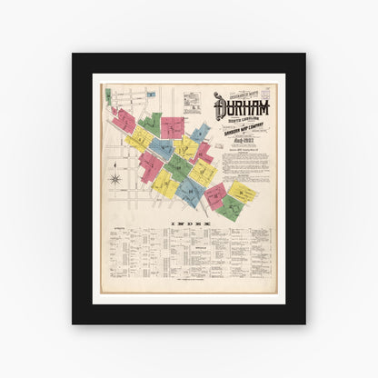 Old map wall art mockup — black gallery frame with white mat — Sanborn Fire Insurance Map from Durham, Durham County, North Carolina (1907), Sheet #0001