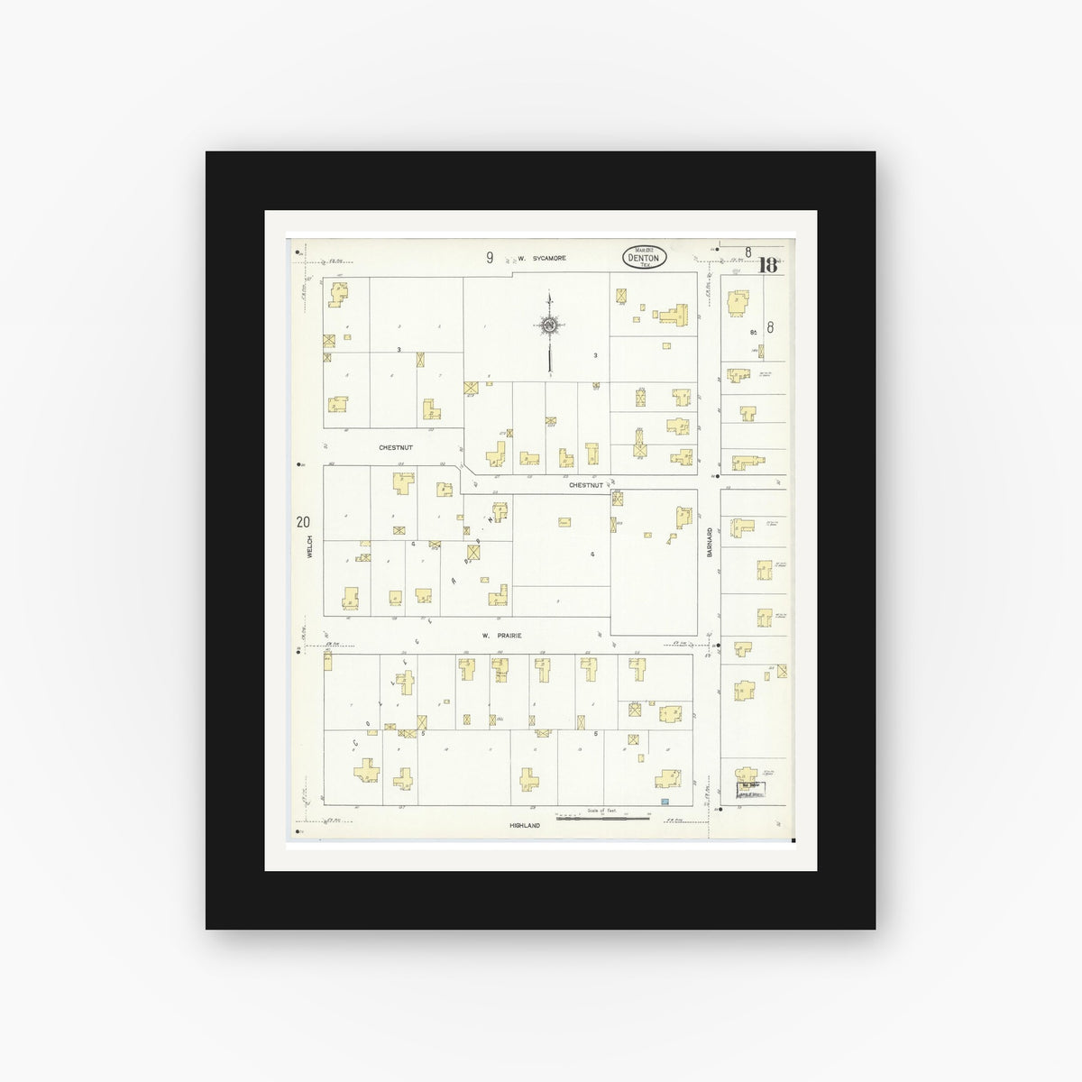 Old map wall art mockup — black gallery frame with white mat — Sanborn Fire Insurance Map from Denton, Denton County, Texas (1912), Sheet #0018