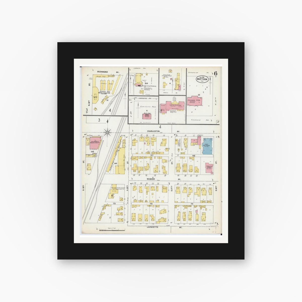 Old map wall art mockup — black gallery frame with white mat — Sanborn Fire Insurance Map from Mattoon, Coles County, Illinois (1902), Sheet #0006