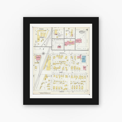 Old map wall art mockup — black gallery frame with white mat — Sanborn Fire Insurance Map from Mattoon, Coles County, Illinois (1902), Sheet #0006