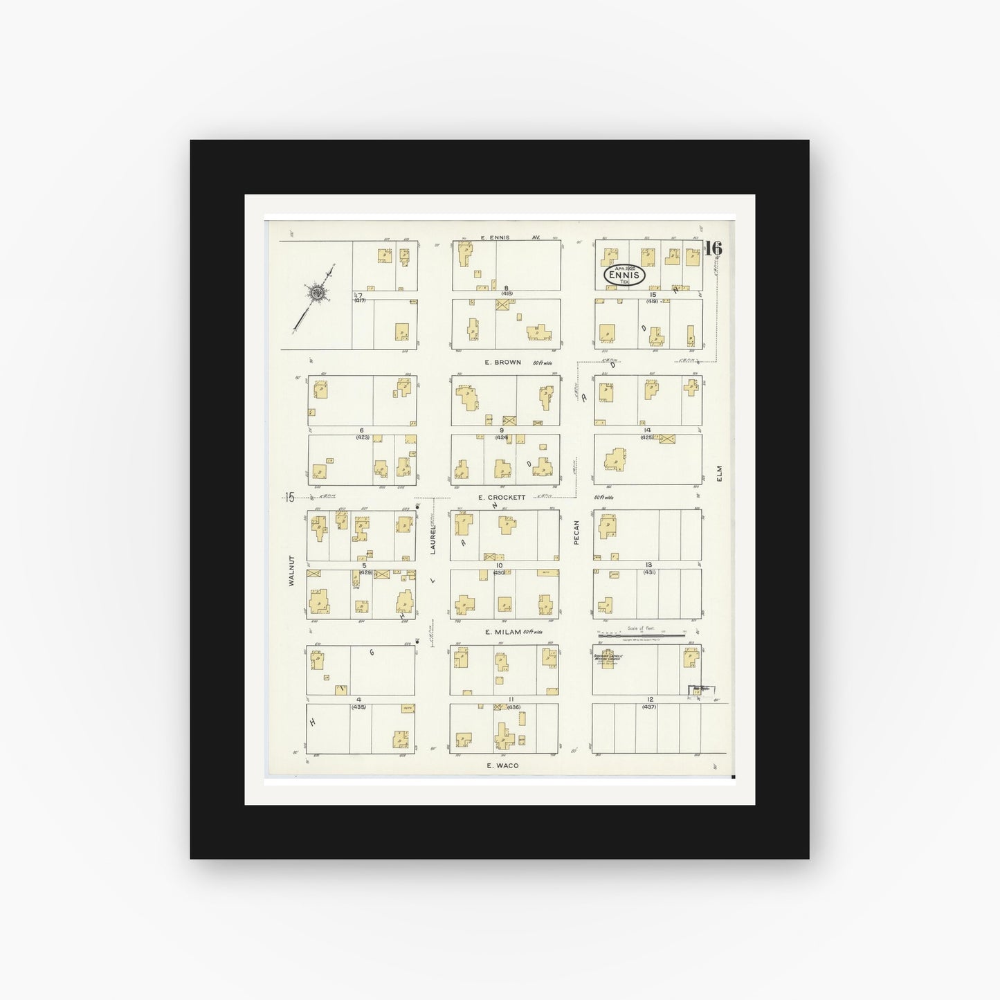 Old map wall art mockup — black gallery frame with white mat — Sanborn Fire Insurance Map from Ennis, Ellis County, Texas (1920), Sheet #0016