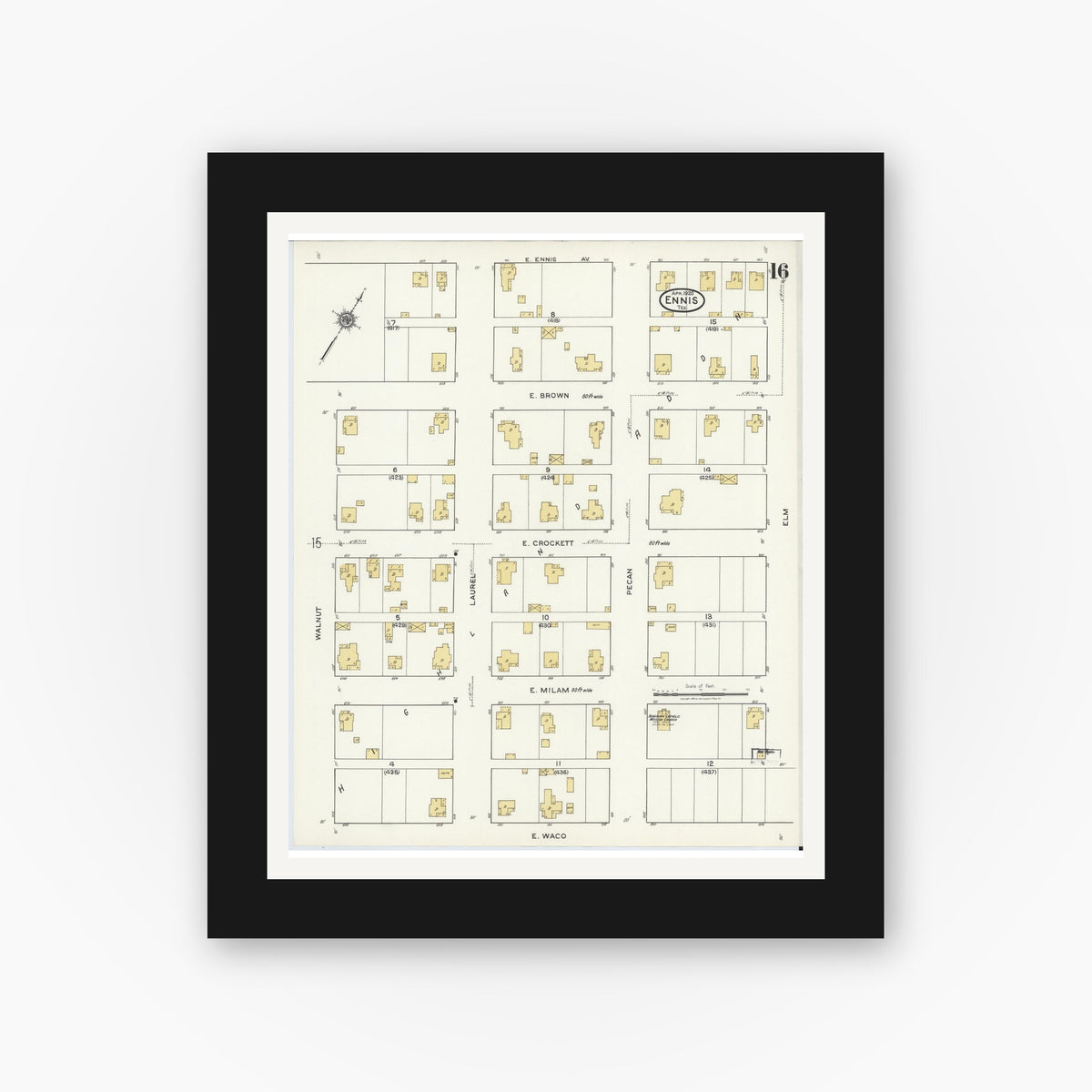 Old map wall art mockup — black gallery frame with white mat — Sanborn Fire Insurance Map from Ennis, Ellis County, Texas (1920), Sheet #0016